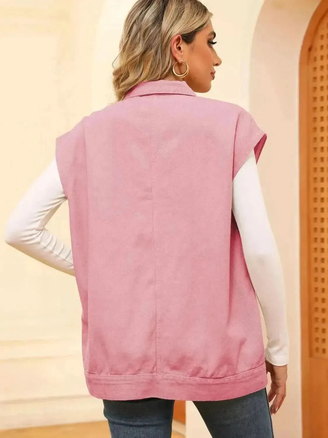 Pocketed Button Up Sleeveless Denim Jacket - Bad Moms Club