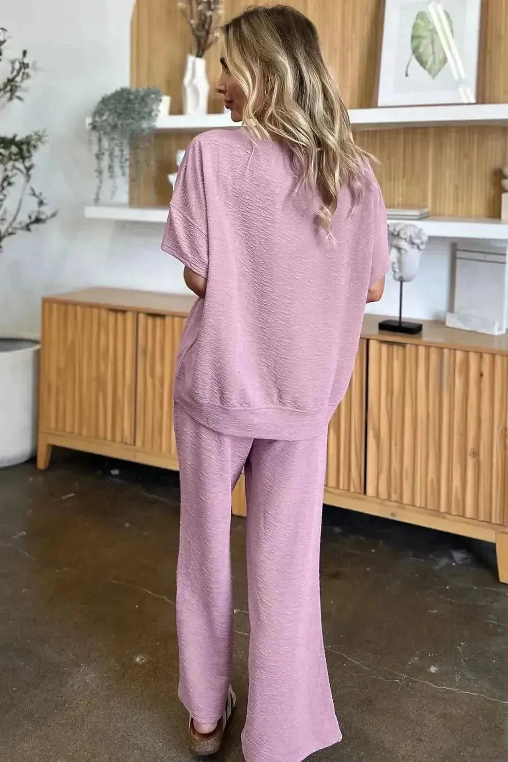 Double Take Full Size Texture Short Sleeve Top and Pants Set - Bad Moms Club