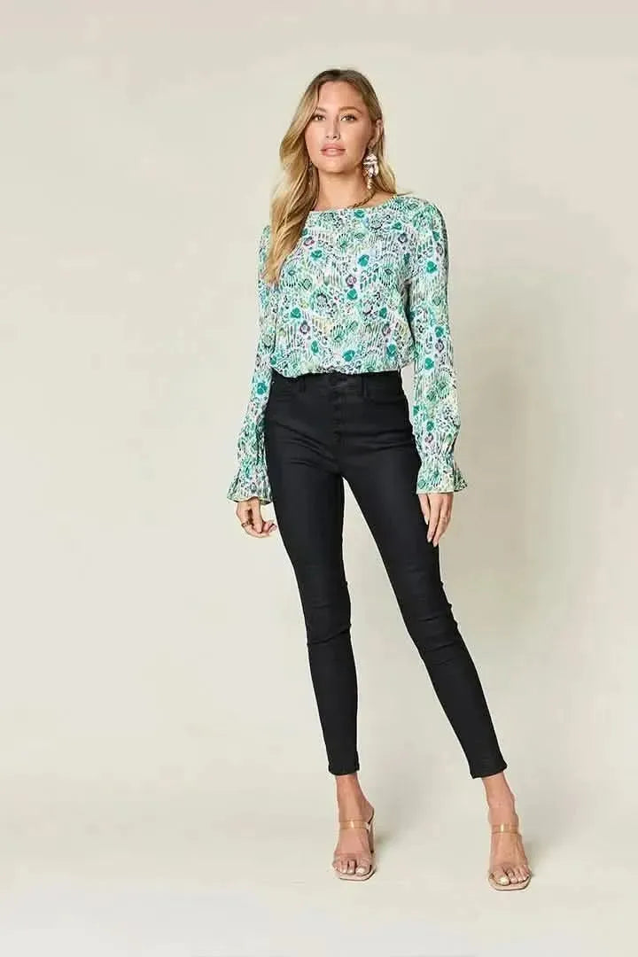 Double Take Full Size Printed Flounce Sleeve Blouse - Bad Moms Club