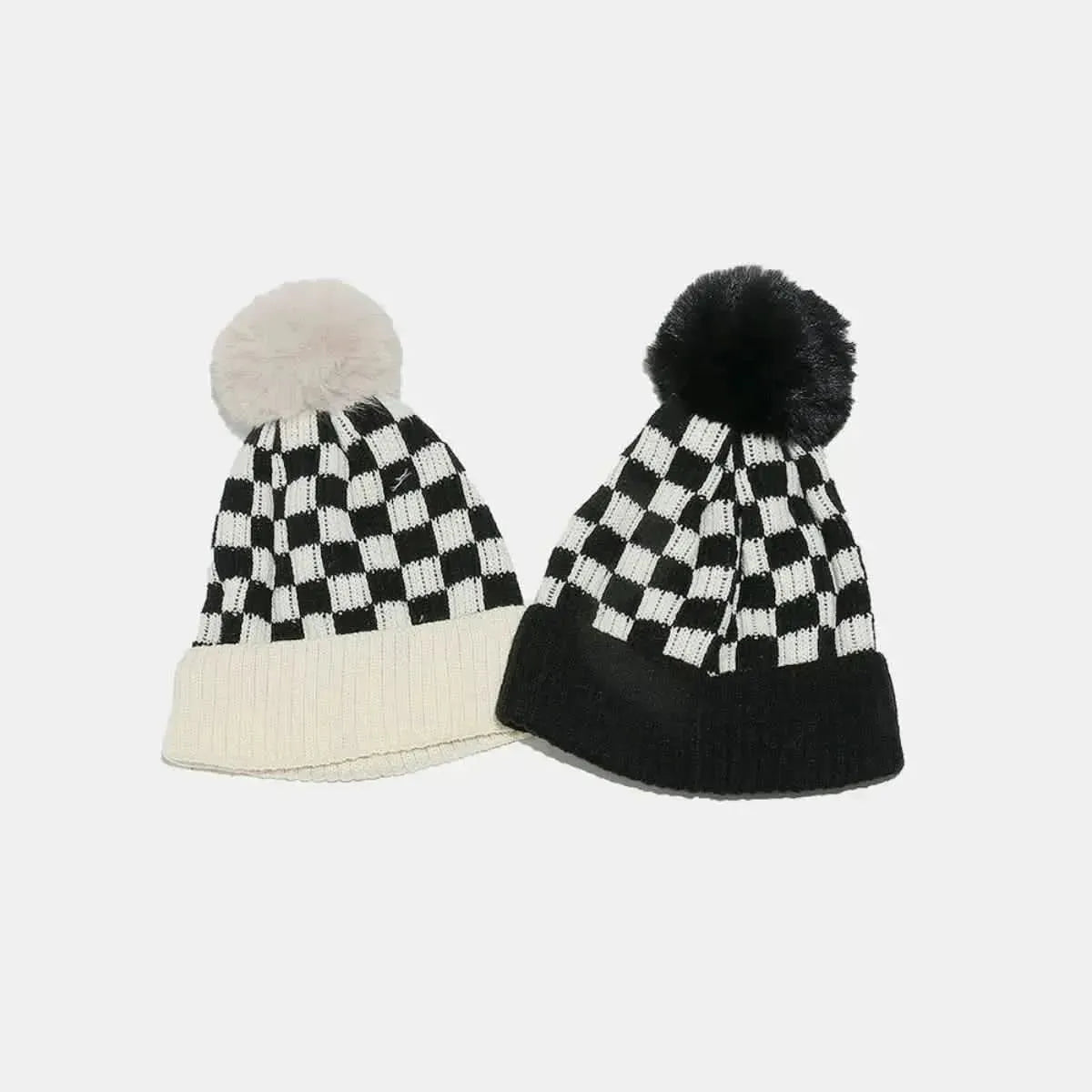 Checkered Knit Hat with Pompom - Bad Moms Club