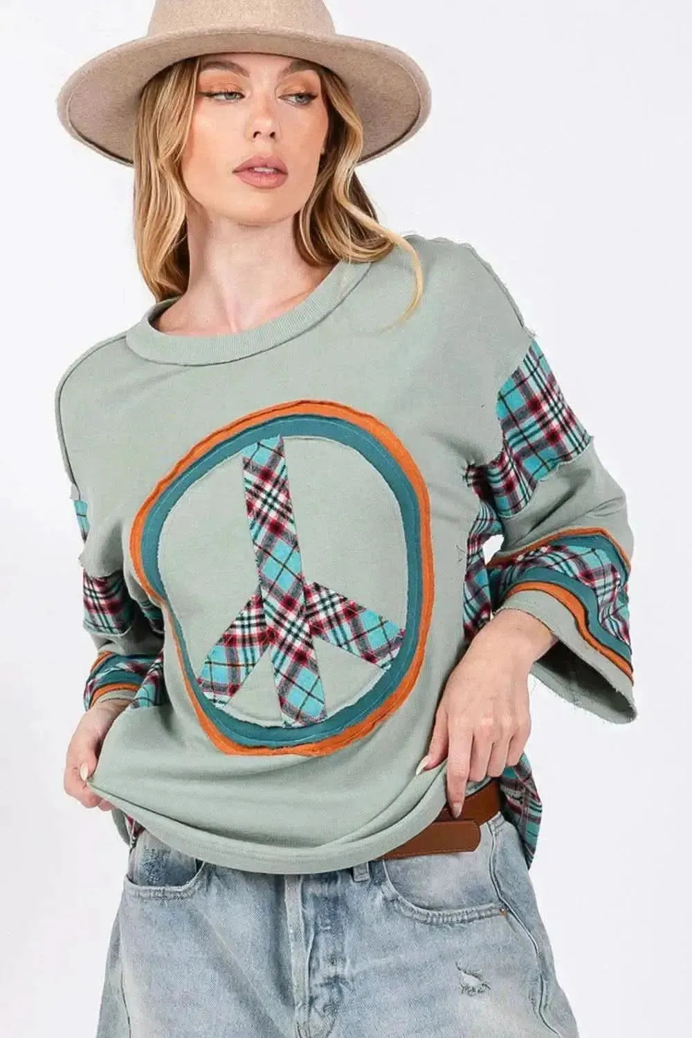 SAGE + FIG Peace Applique Patch Contrast Plaid Top - Bad Moms Club