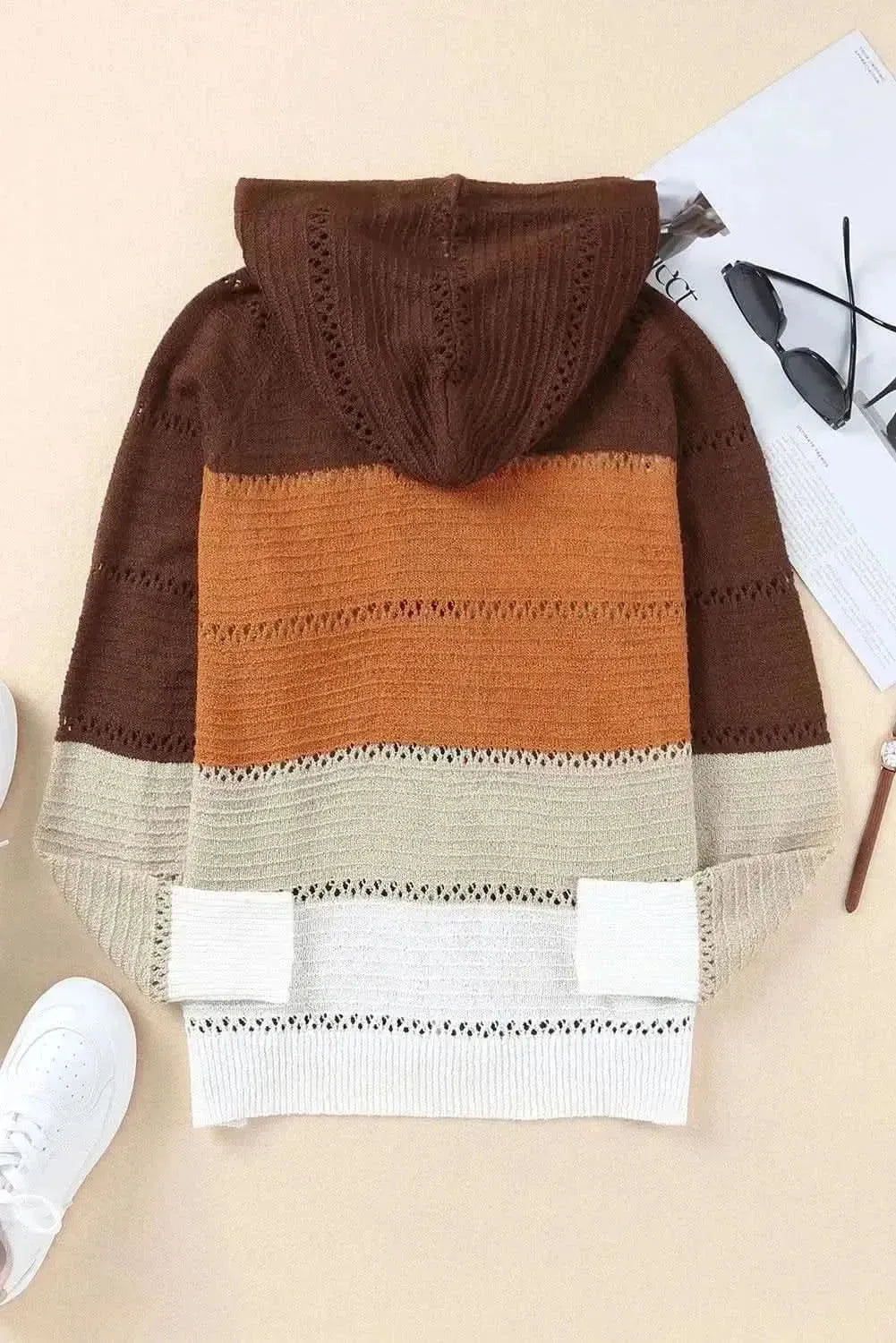 Zip-Up Raglan Sleeve Openwork Hooded Cardigan - Bad Moms Club