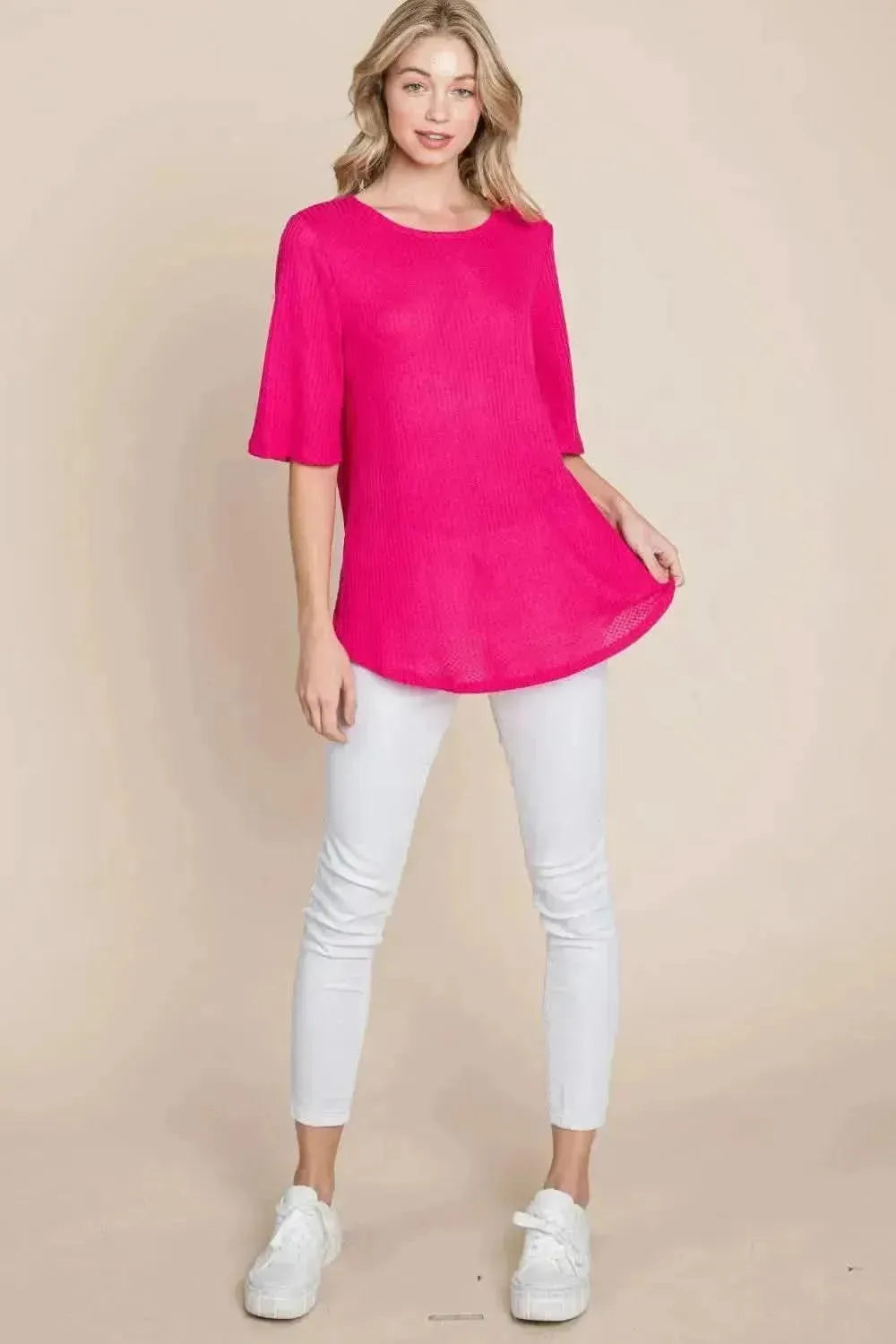 BOMBOM Round Neck Waffle Knit T-Shirt - Bad Moms Club