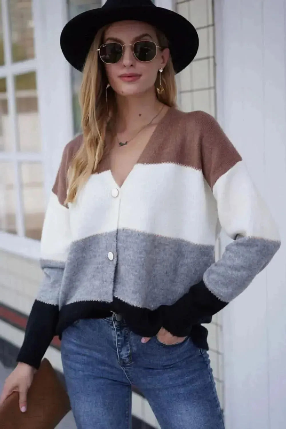 Woven Right Color Block V-Neck Button Down Cardigan - Bad Moms Club