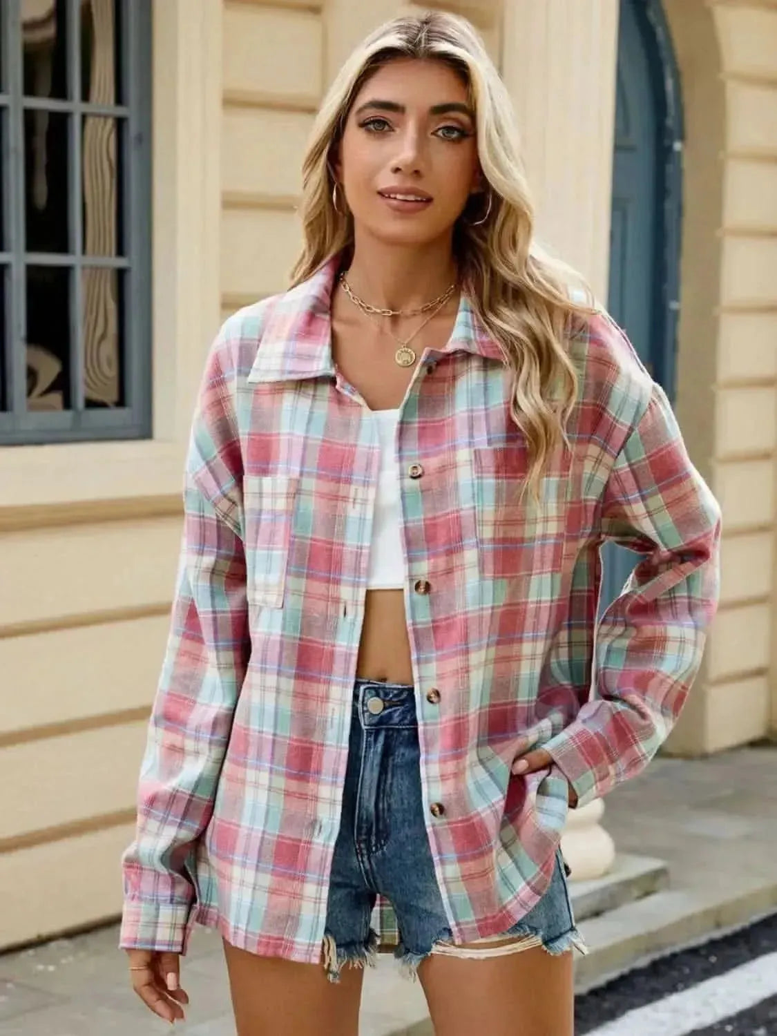 Plaid Collared Neck Long Sleeve Shirt - Bad Moms Club