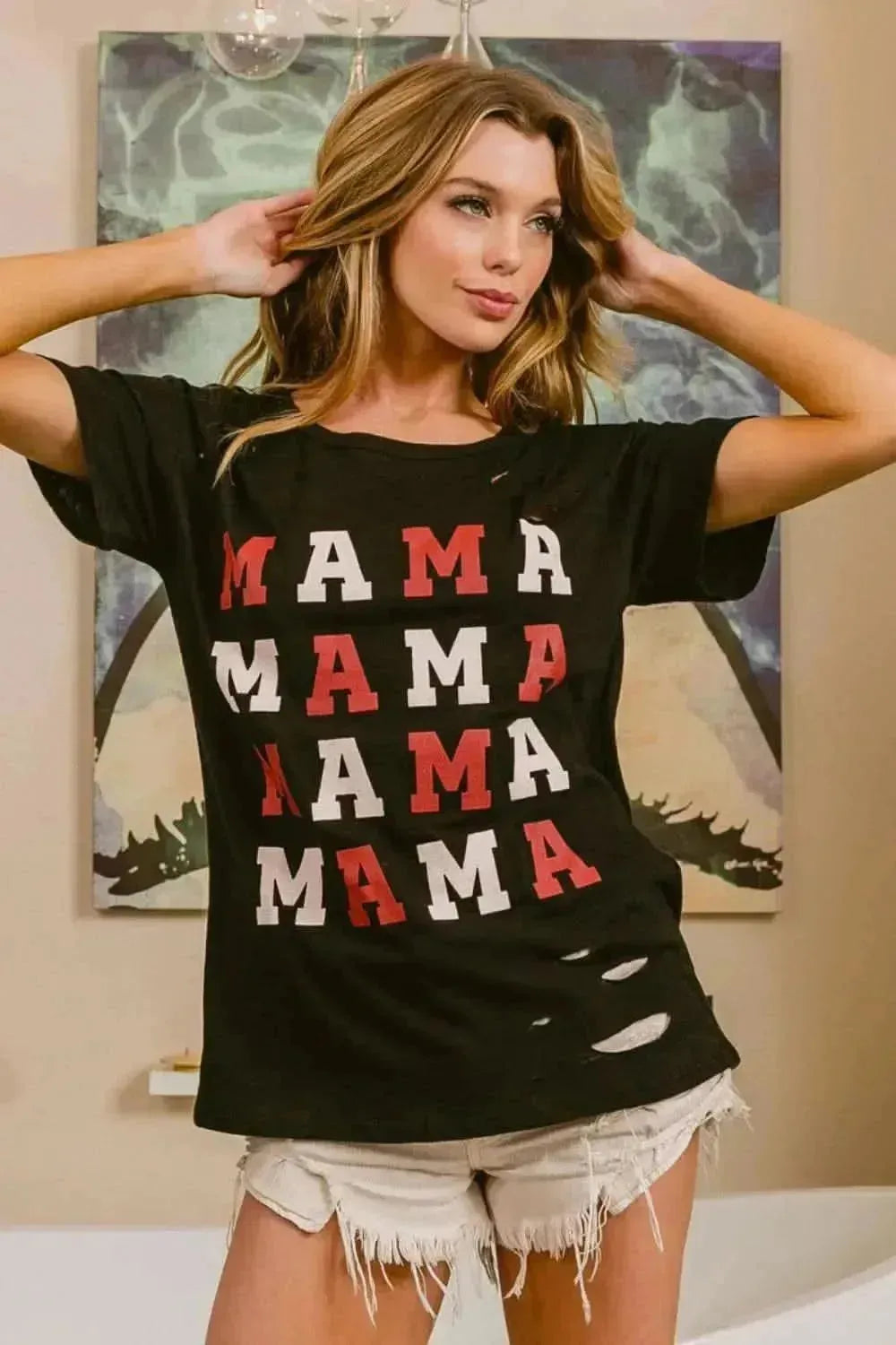 BiBi MAMA Graphic Distressed Short Sleeve T-Shirt - Bad Moms Club