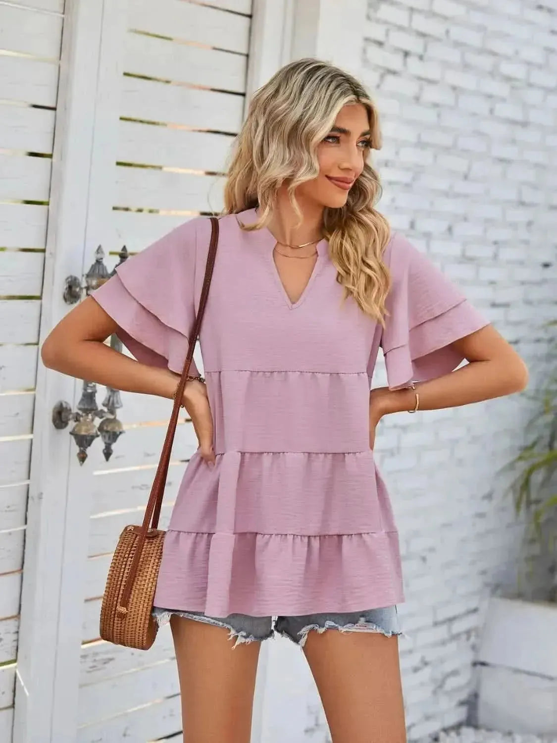 Tiered Notched Short Sleeve Blouse - Bad Moms Club