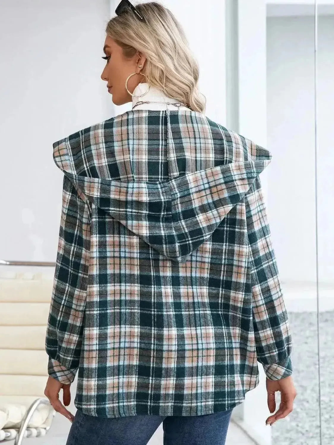 Plaid Snap Down Hooded Jacket - Bad Moms Club