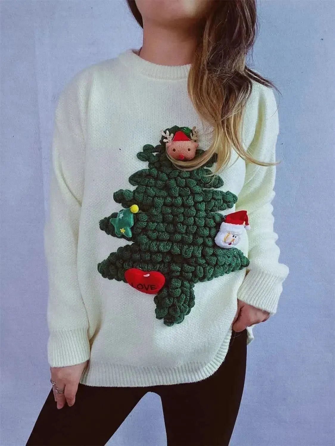 Christmas Tree Round Neck Long Sleeve Sweater - Bad Moms Club