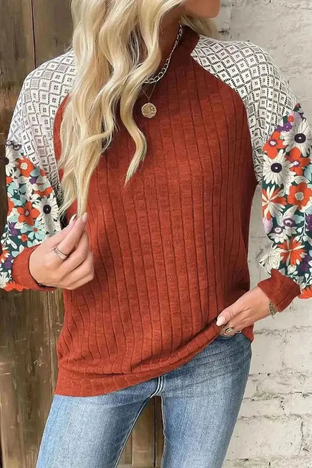 Printed Round Neck Long Sleeve Top - Bad Moms Club