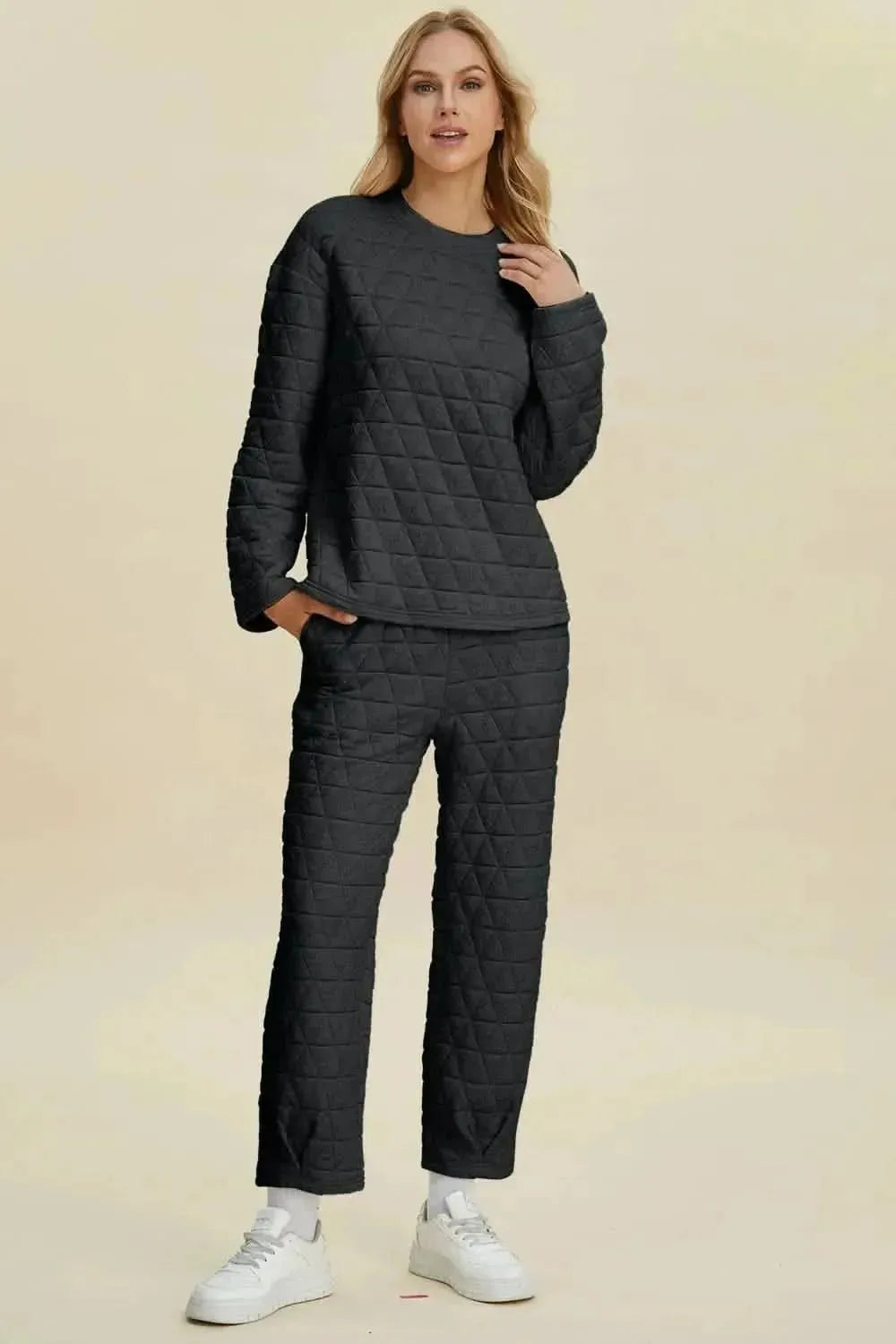 Double Take Full Size Texture Round Neck Long Sleeve Top and Pants Set - Bad Moms Club
