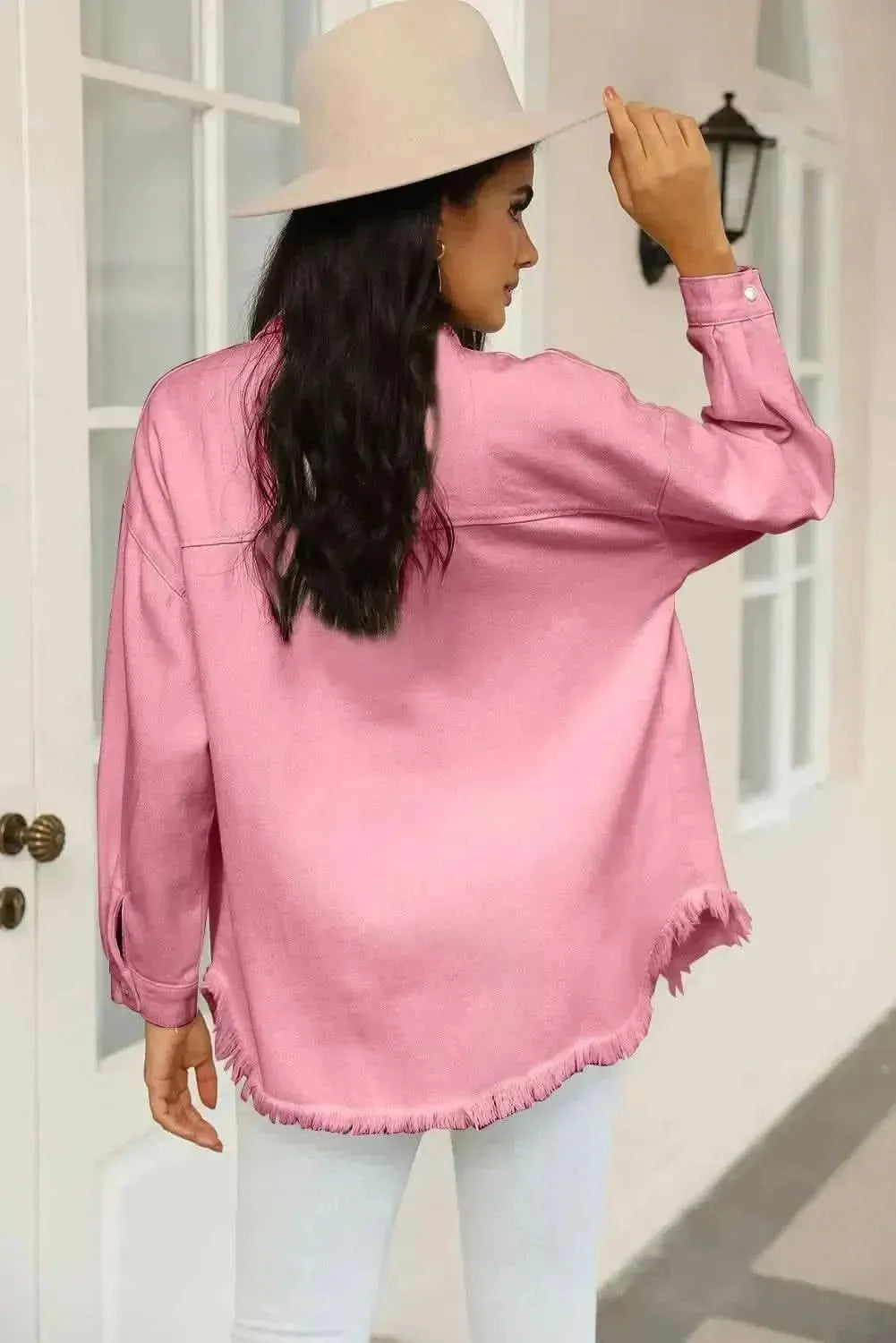 Distressed Snap Down Raw Hem Denim Jacket - Bad Moms Club
