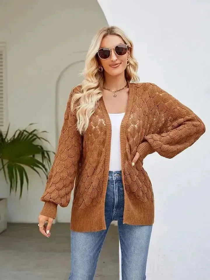 Openwork Open Front Lantern Sleeve Cardigan - Bad Moms Club