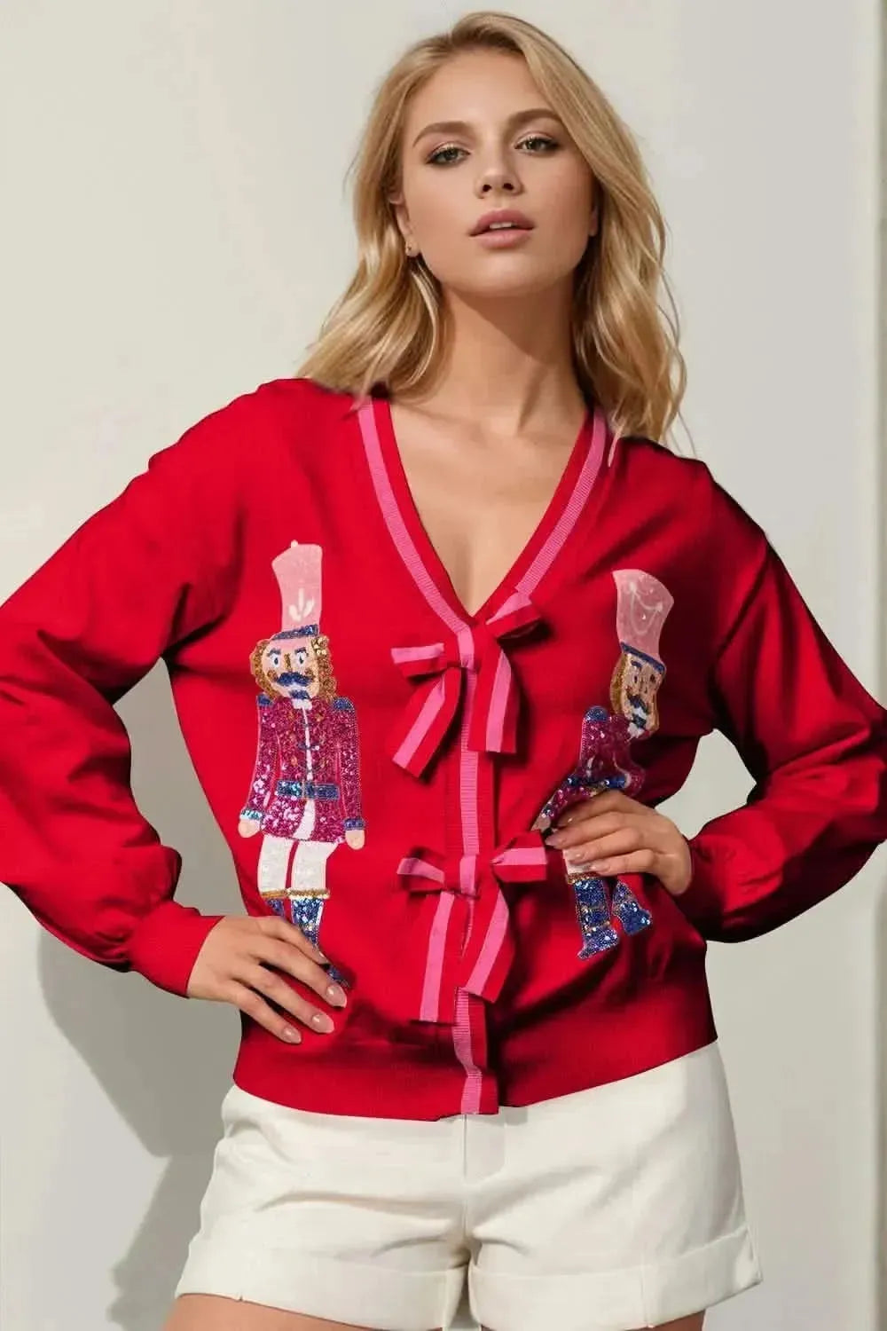 Double Take Full Size Nutcracker Sequin Bow Decor Cardigan - Bad Moms Club