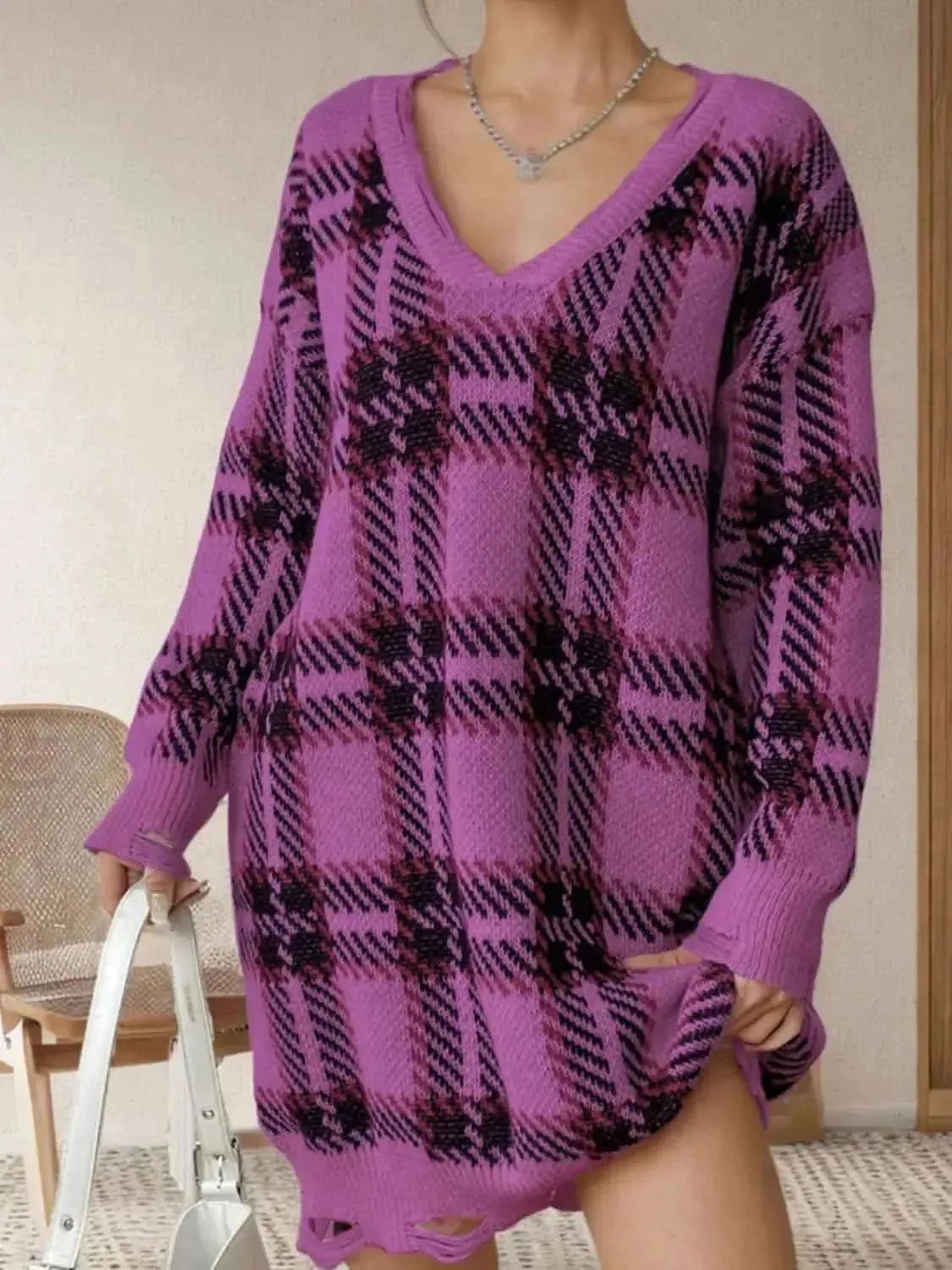 Distressed Plaid V-Neck Long Sleeve Sweater Dress - Bad Moms Club