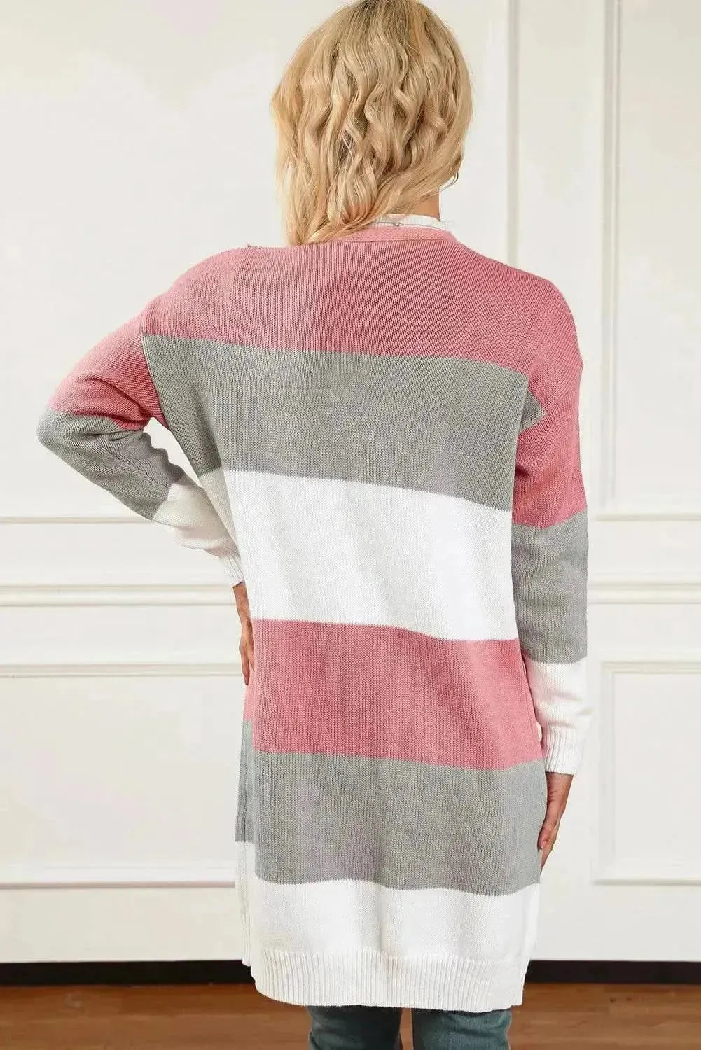 Striped Open Front Long Sleeve Cardigan - Bad Moms Club