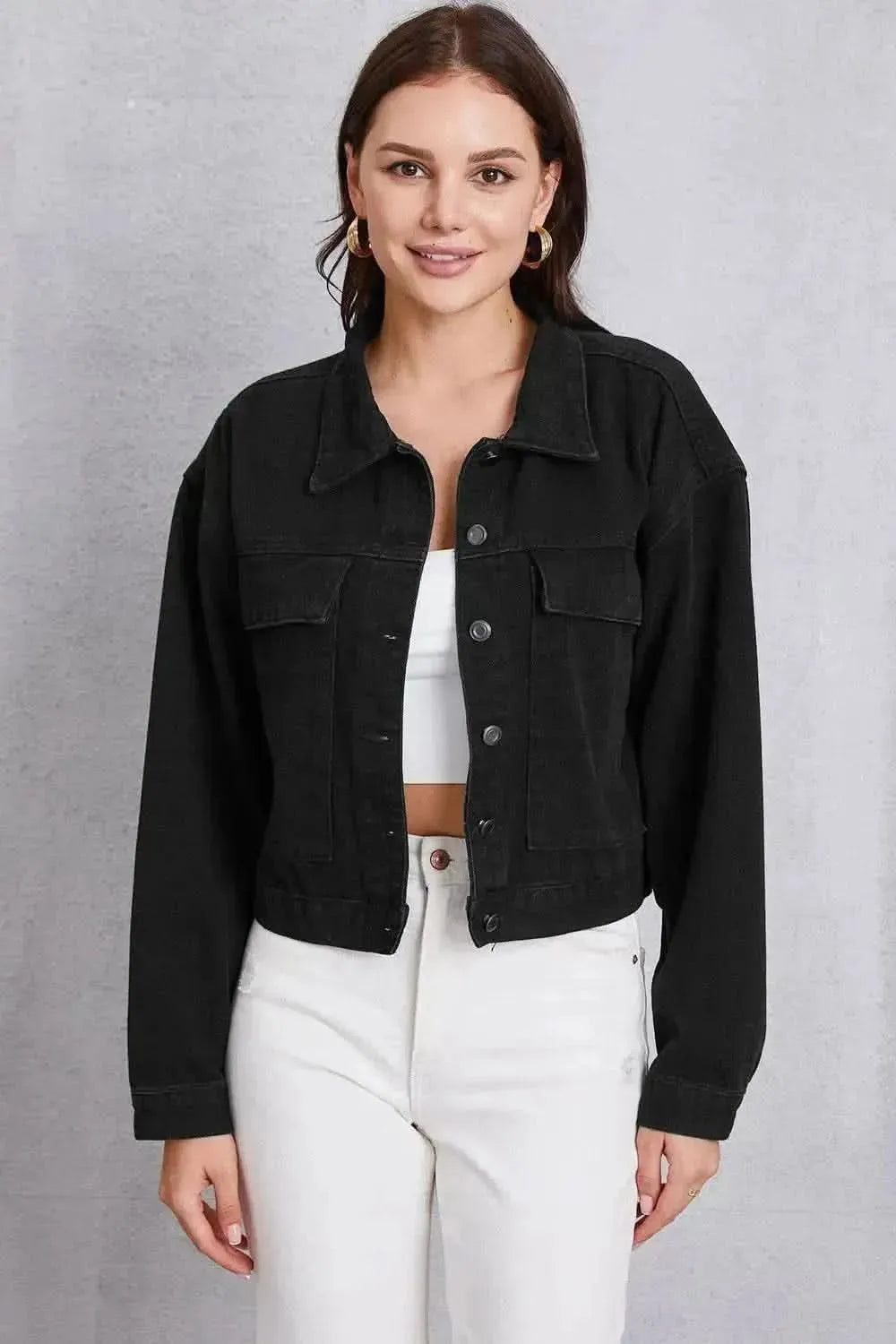 Button Up Dropped Shoulder Denim Jacket - Bad Moms Club