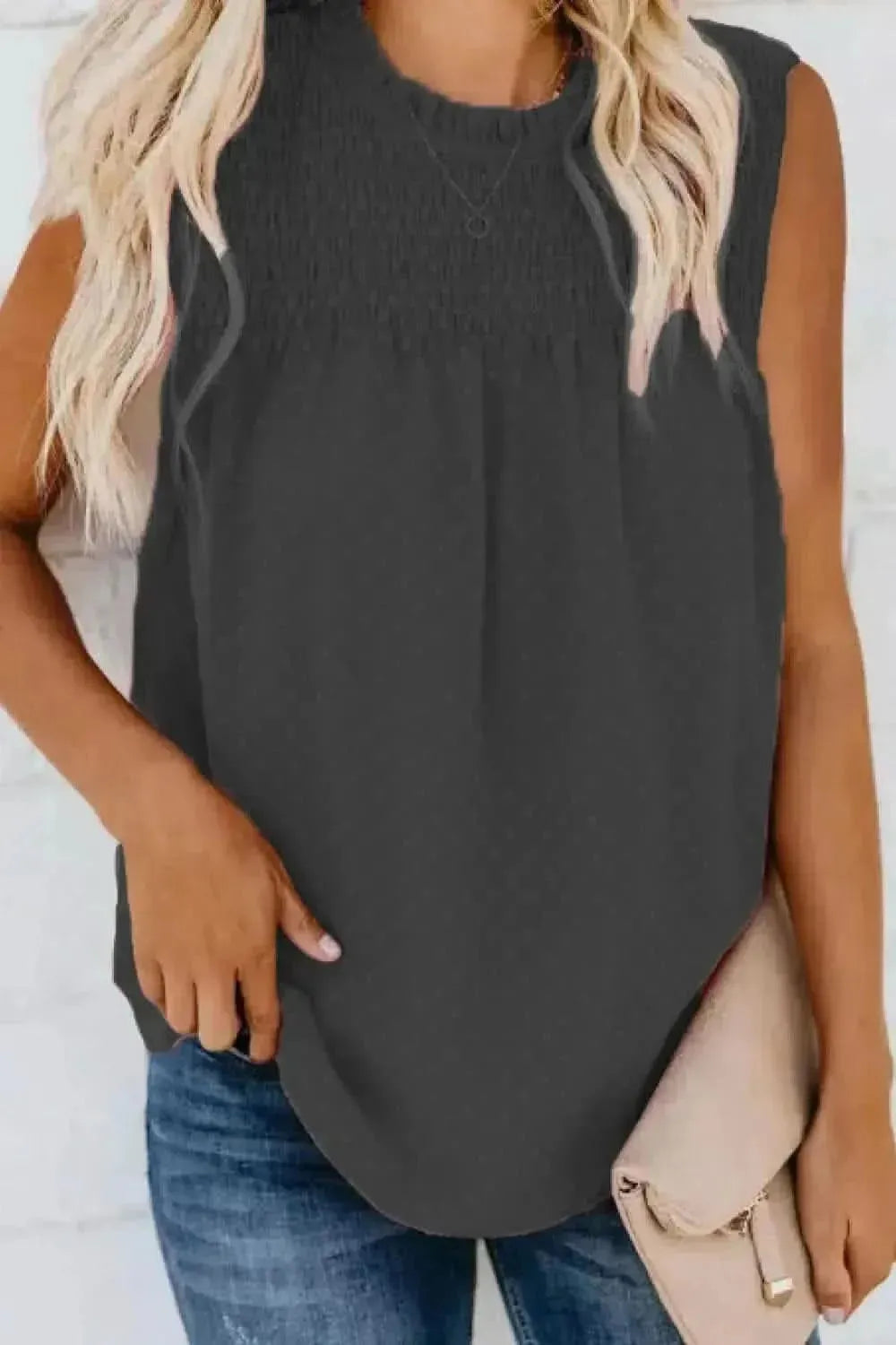 Smocked Tie Back Frill Trim Tank - Bad Moms Club