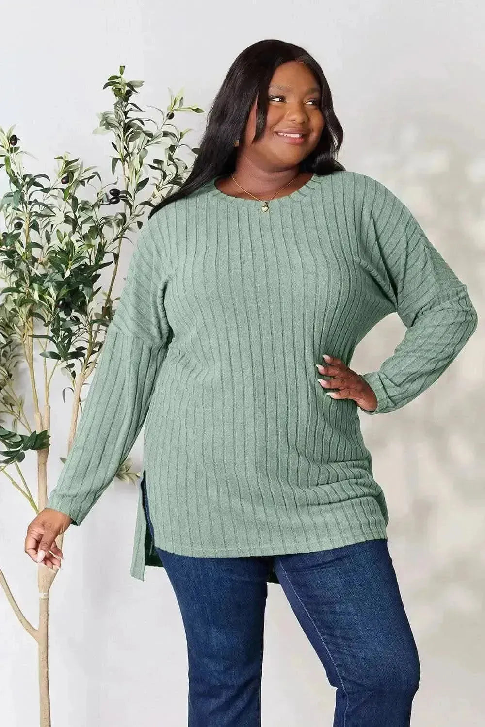 Basic Bae Full Size Ribbed Round Neck Long Sleeve Slit Top - Bad Moms Club