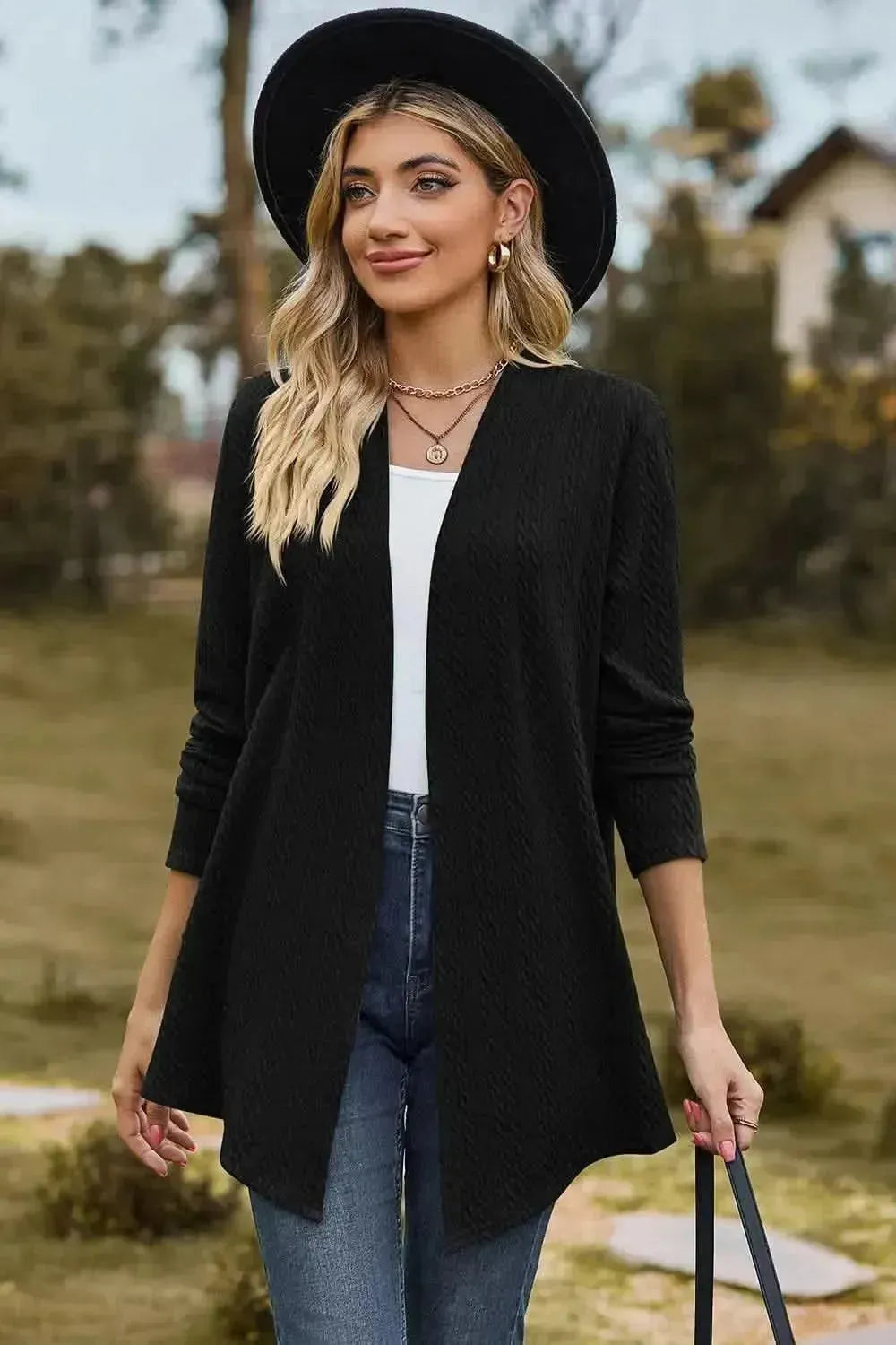 Textured Open Front Long Sleeve Cardigan - Bad Moms Club