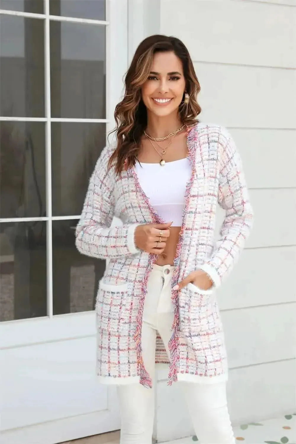 Plaid Fringe Trim Open Front Longline Cardigan - Bad Moms Club