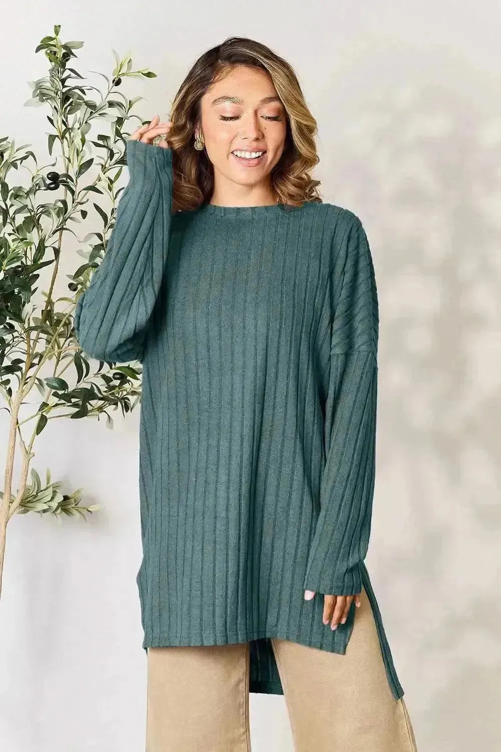 Basic Bae Full Size Ribbed Round Neck Long Sleeve Slit Top - Bad Moms Club