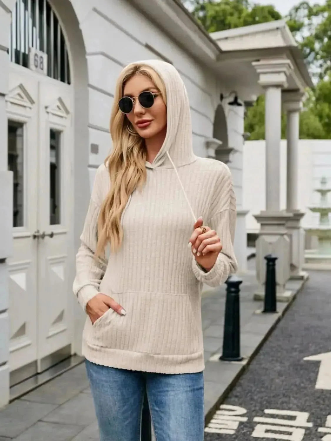 Ribbed Drawstring Long Sleeve Hoodie - Bad Moms Club