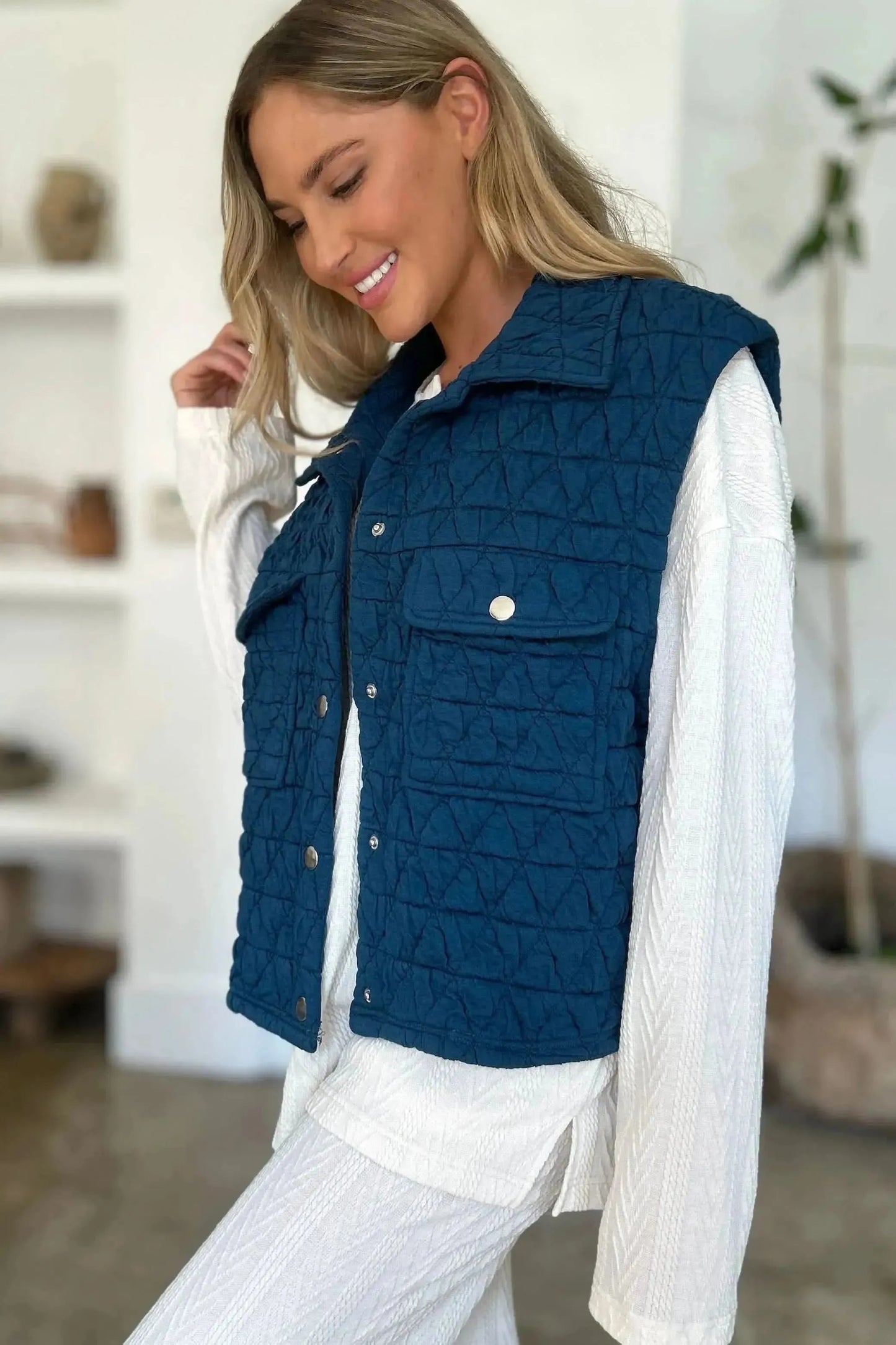 Double Take Full Size Pocketed Texture Snap Down Vest Coat - Bad Moms Club
