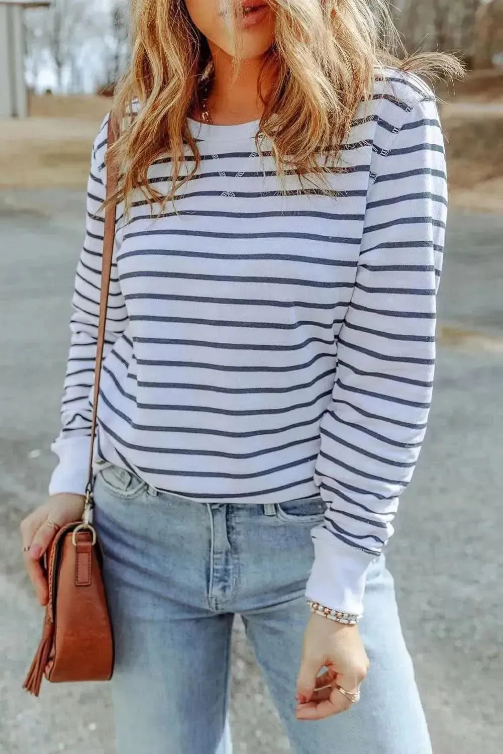 Striped Long Sleeve Round Neck Top - Bad Moms Club