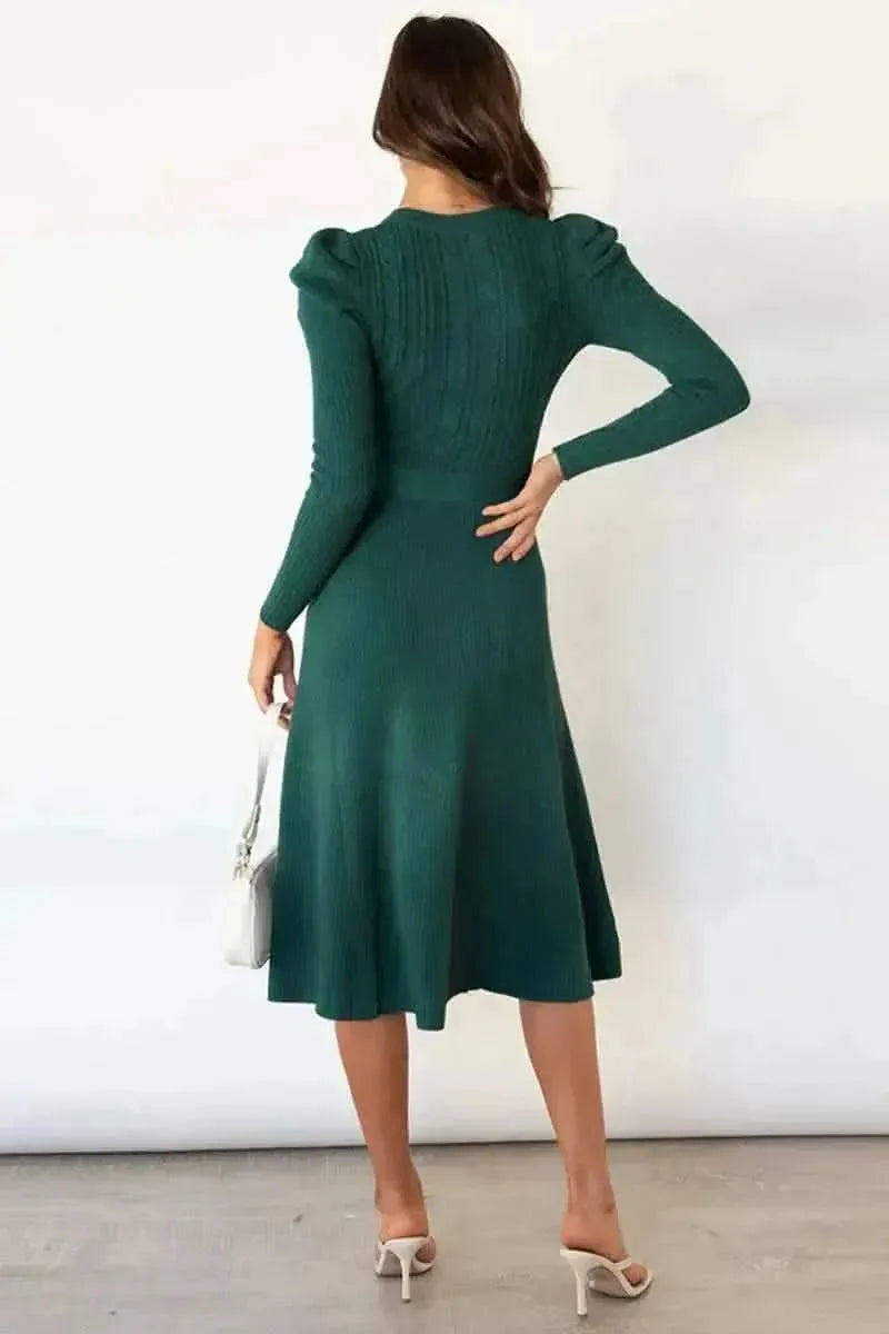 Round Neck Long Sleeve Tie Waist Sweater Dress - Bad Moms Club