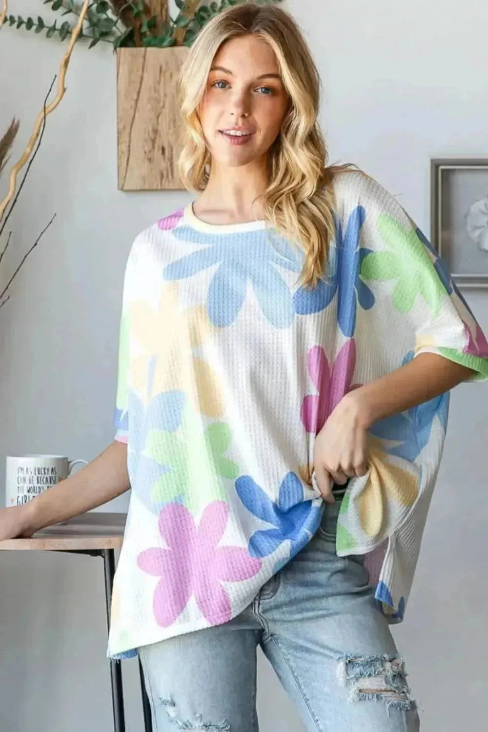 HOPELY Floral Round Neck Waffle T-Shirt - Bad Moms Club