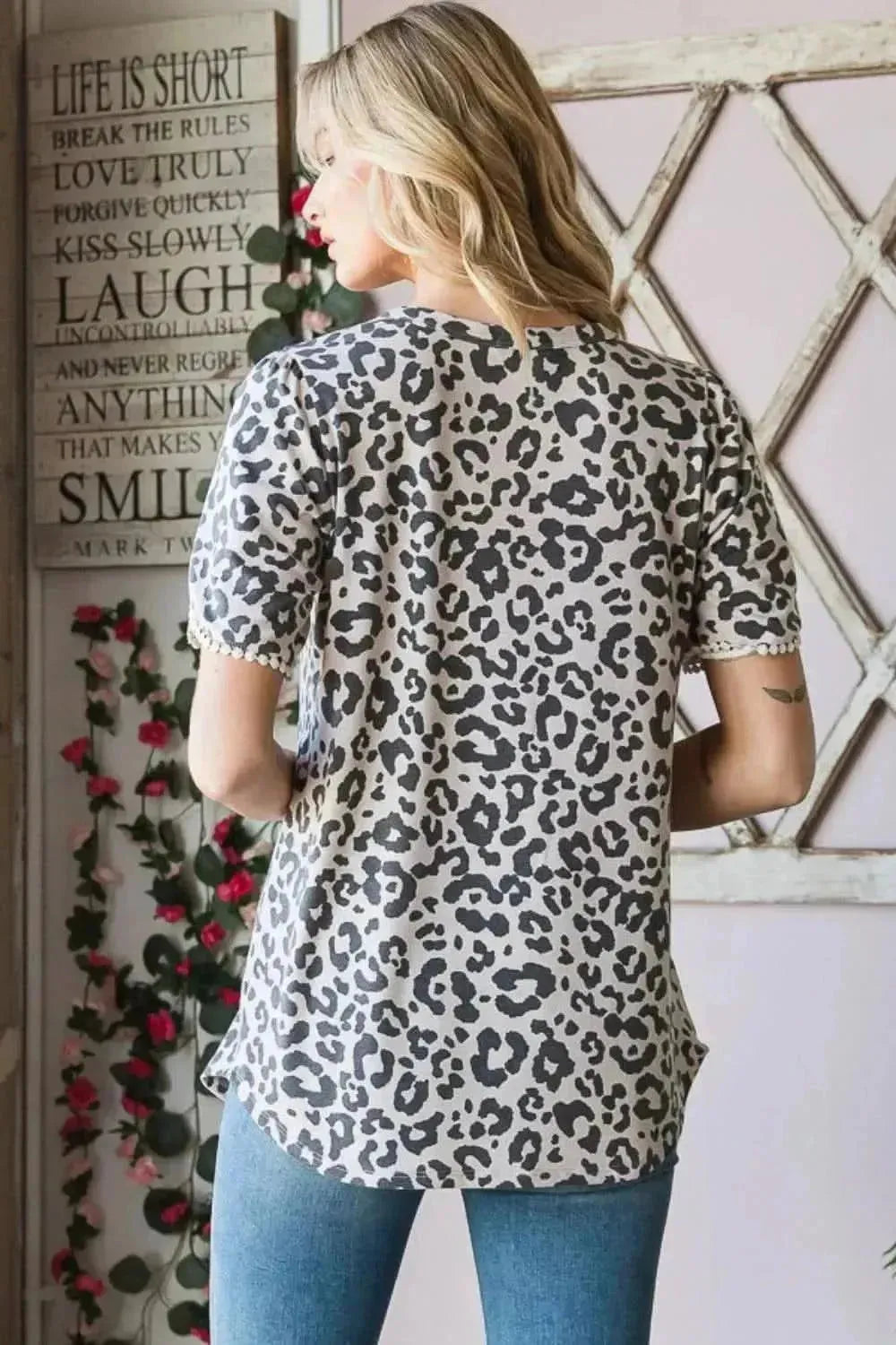 Heimish Leopard Round Neck Petal Sleeve T-Shirt - Bad Moms Club