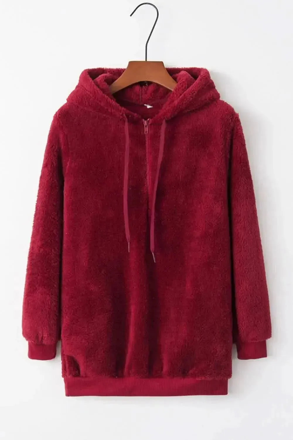 Full Size Quarter-Zip Drawstring Teddy Hoodie - Bad Moms Club