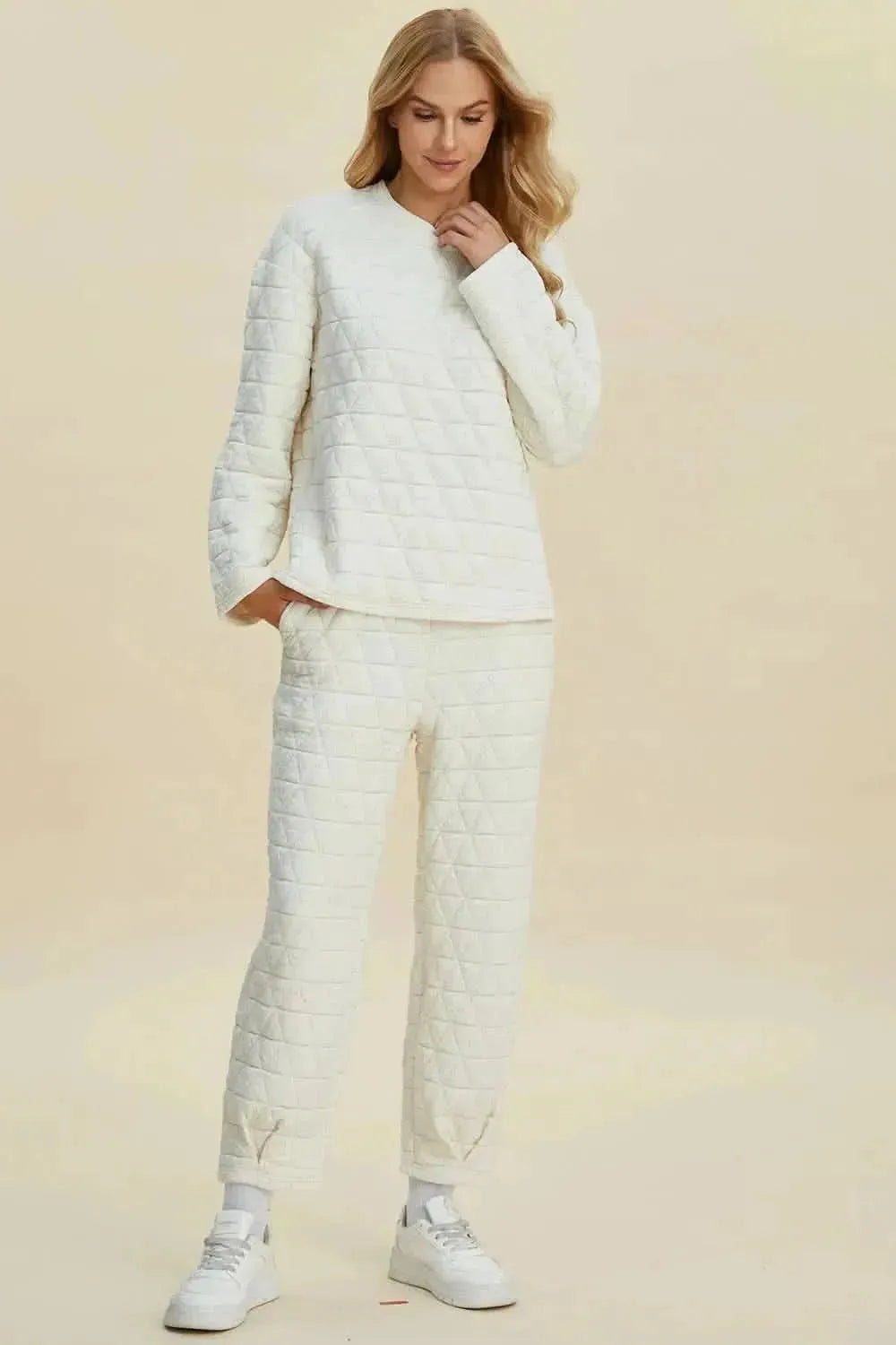 Double Take Full Size Texture Round Neck Long Sleeve Top and Pants Set - Bad Moms Club