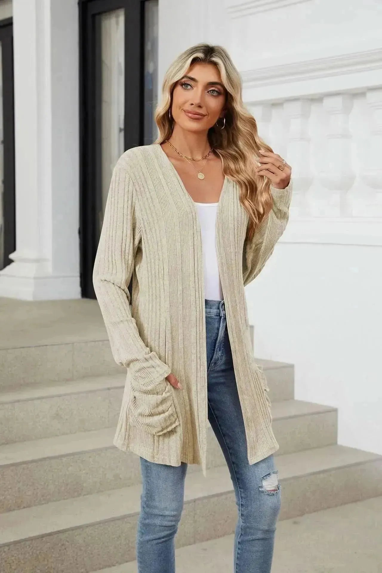 Pocketed Open Front Long Sleeve Cardigan - Bad Moms Club