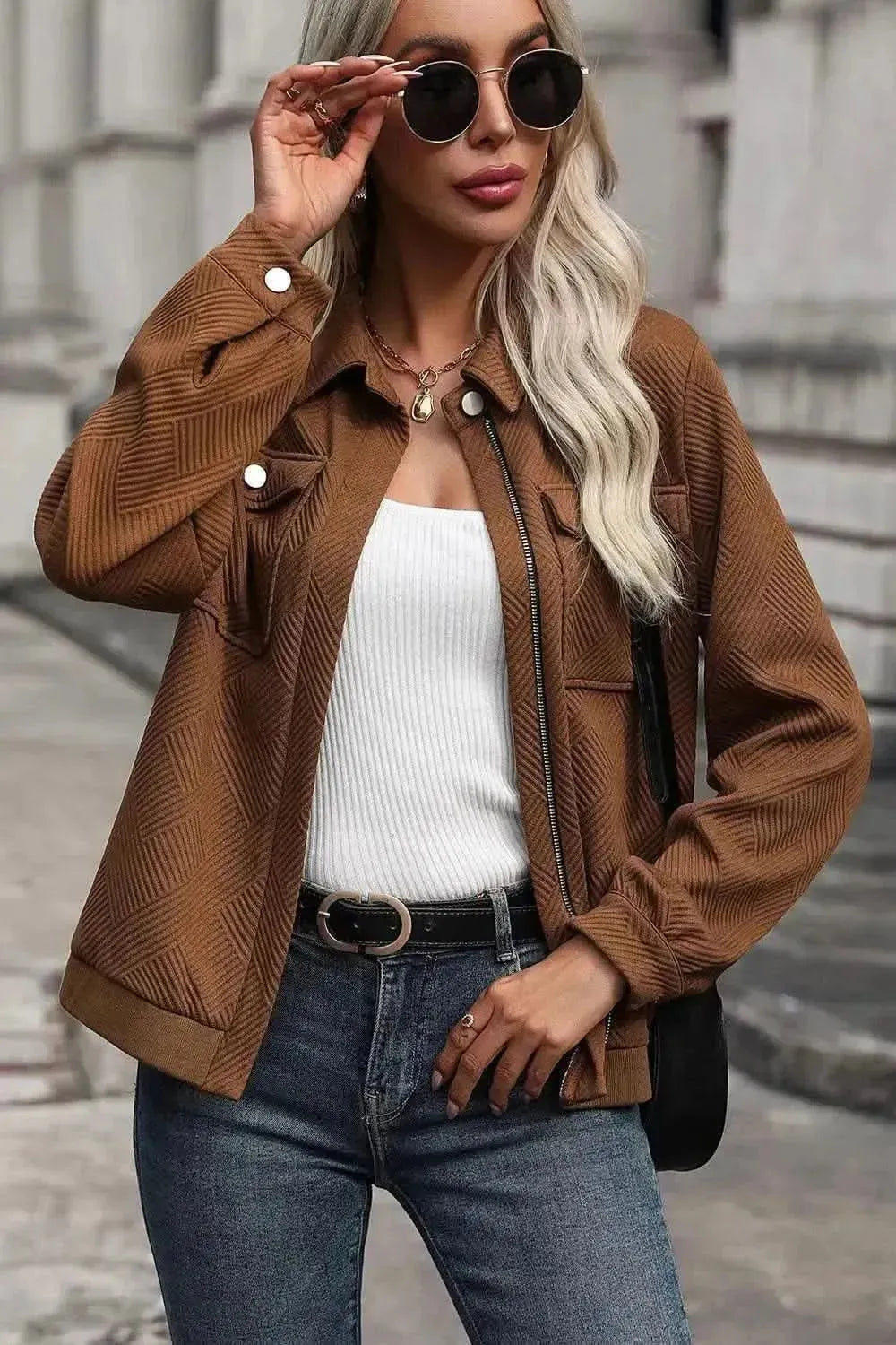 Textured Zip Up Collared Neck Jacket - Bad Moms Club