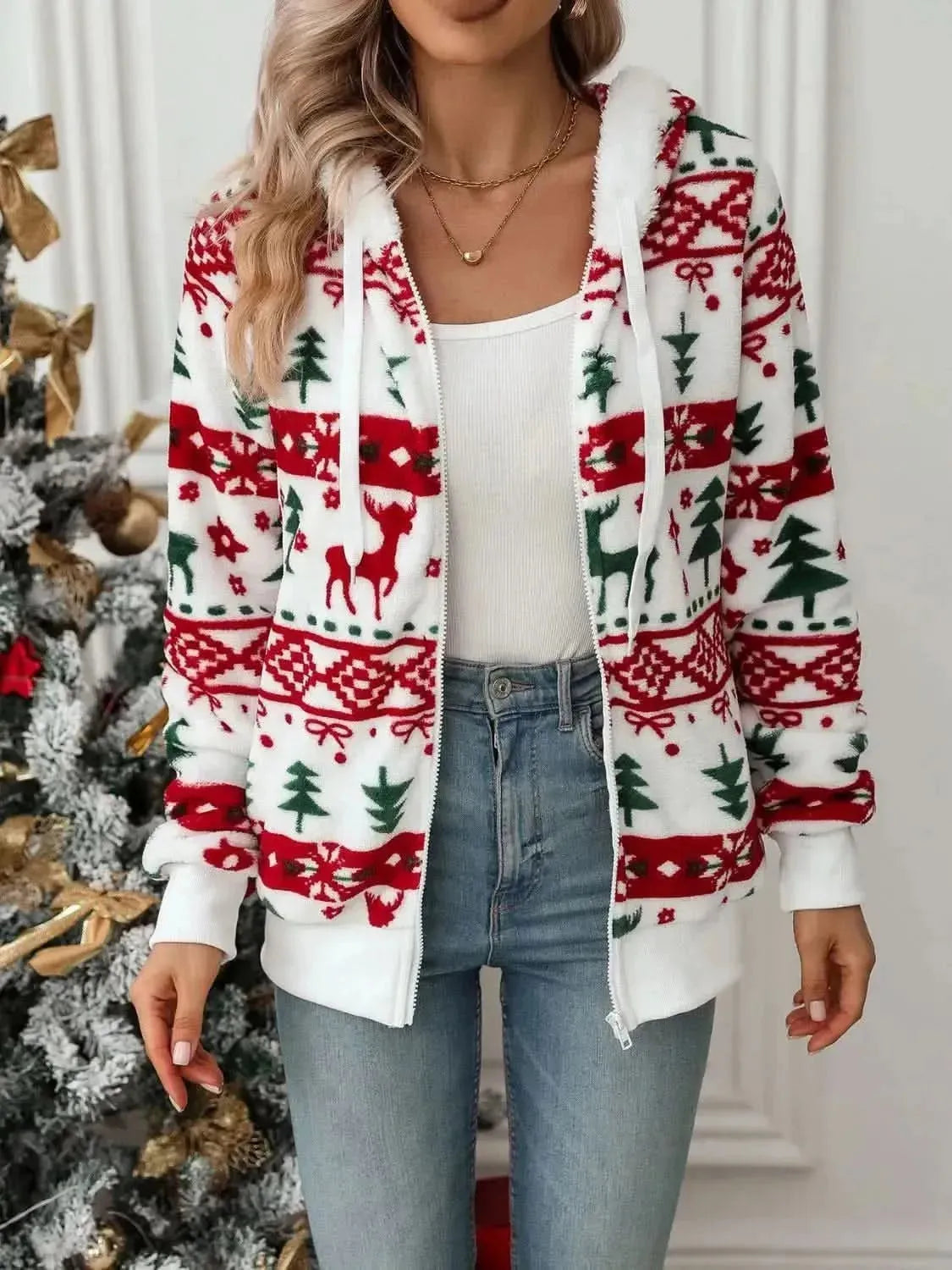Drawstring Christmas Element Zip Up Hooded Jacket - Bad Moms Club