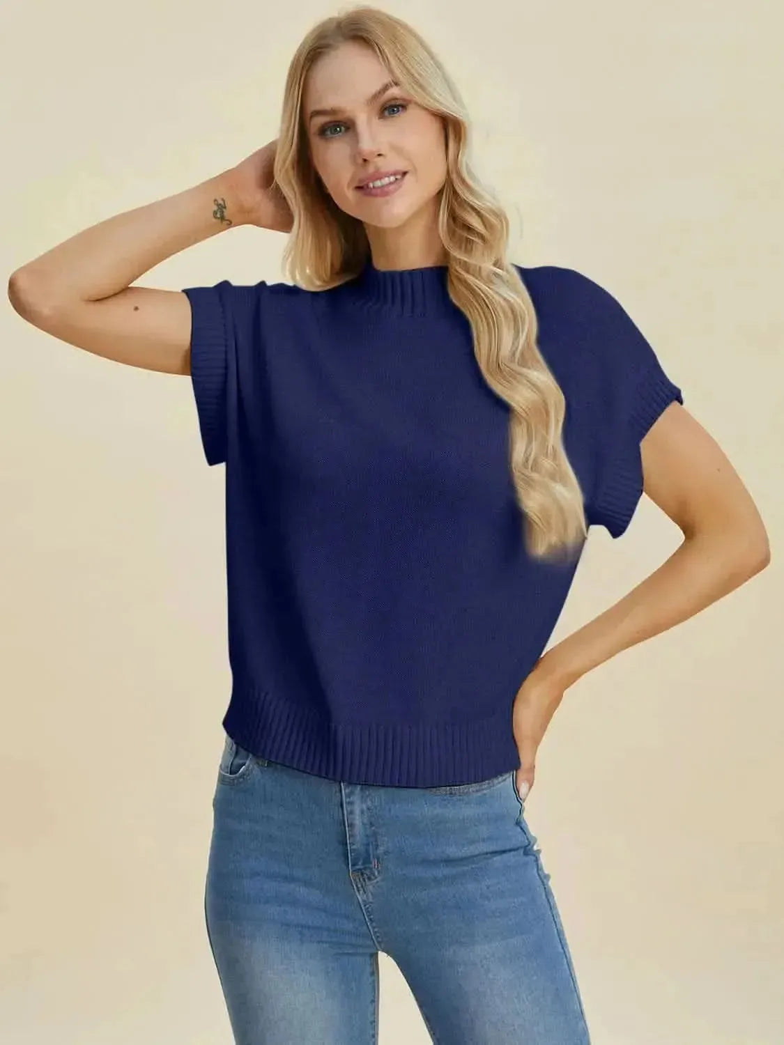 Double Take Full Size Mock Neck Short Sleeve Sweater - Bad Moms Club