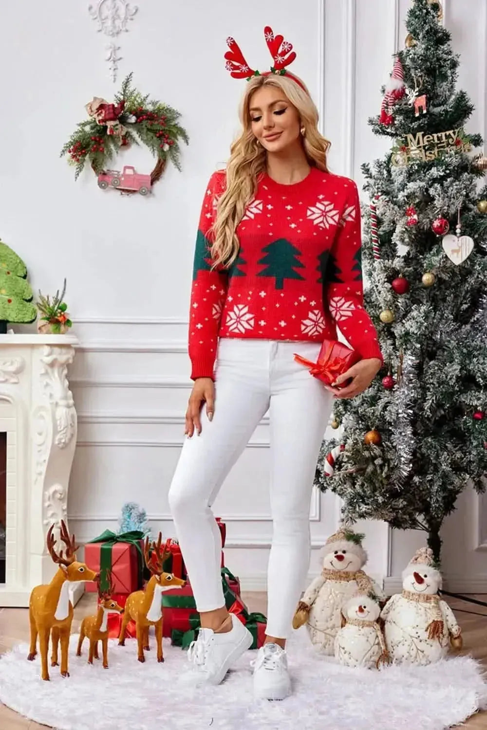 Christmas Tree Round Neck Long Sleeve Sweater - Bad Moms Club