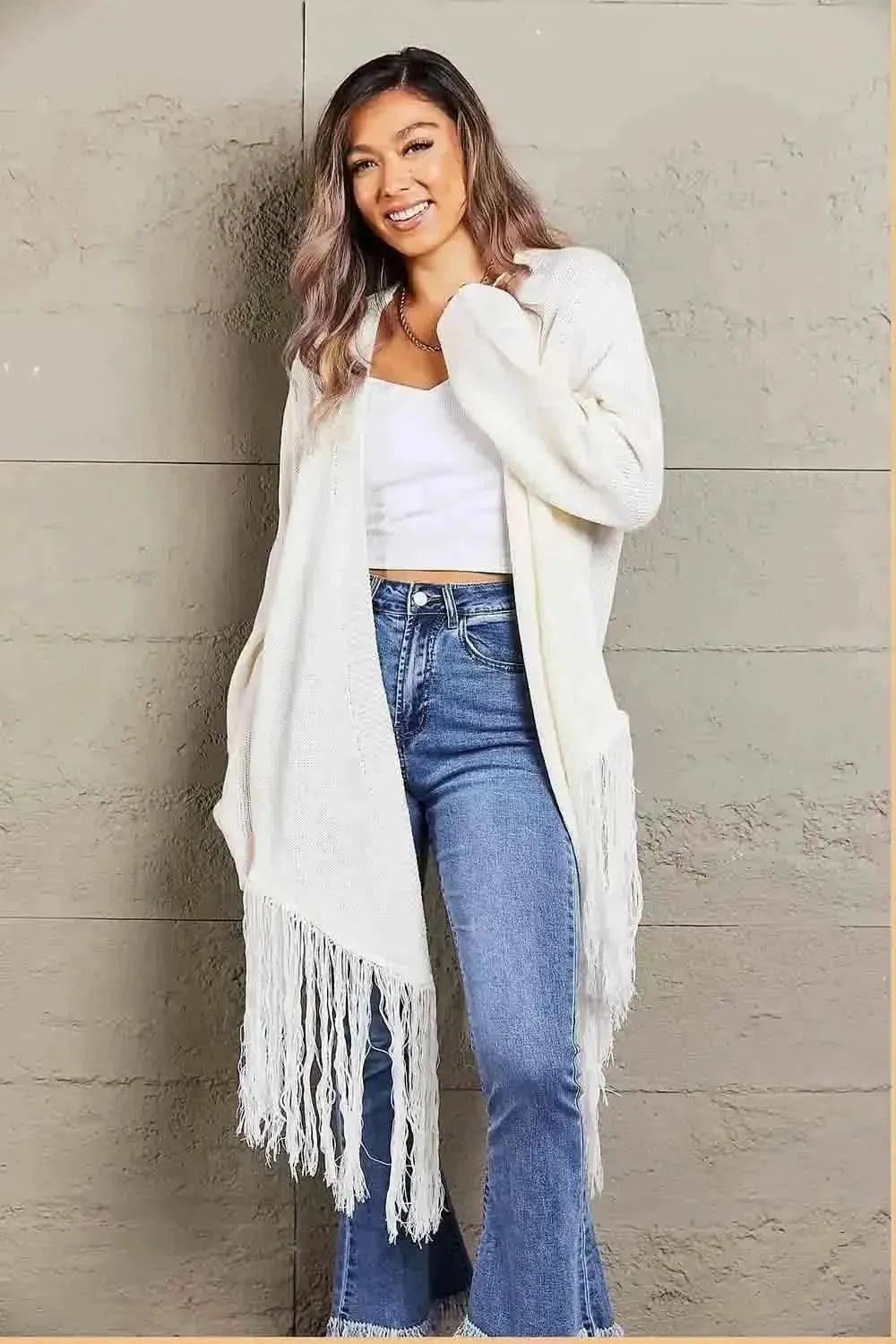 Fringe Hem Open Front Ribbed Trim Cardigan - Bad Moms Club