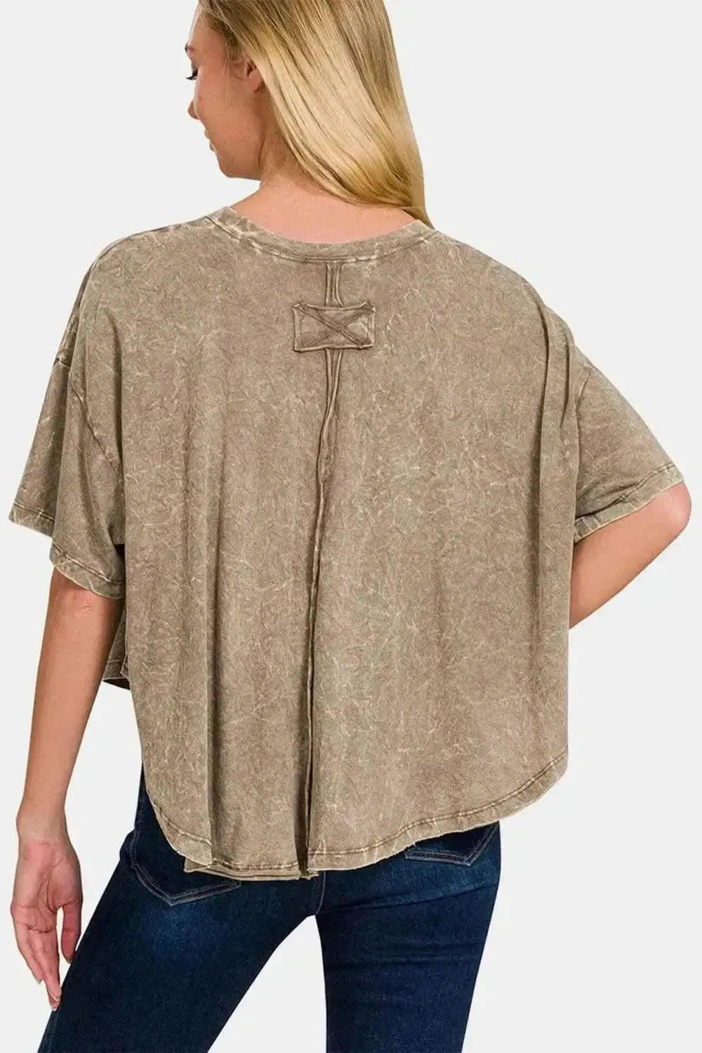 Zenana Washed Round Neck Drop Shoulder Cropped T-Shirt - Bad Moms Club