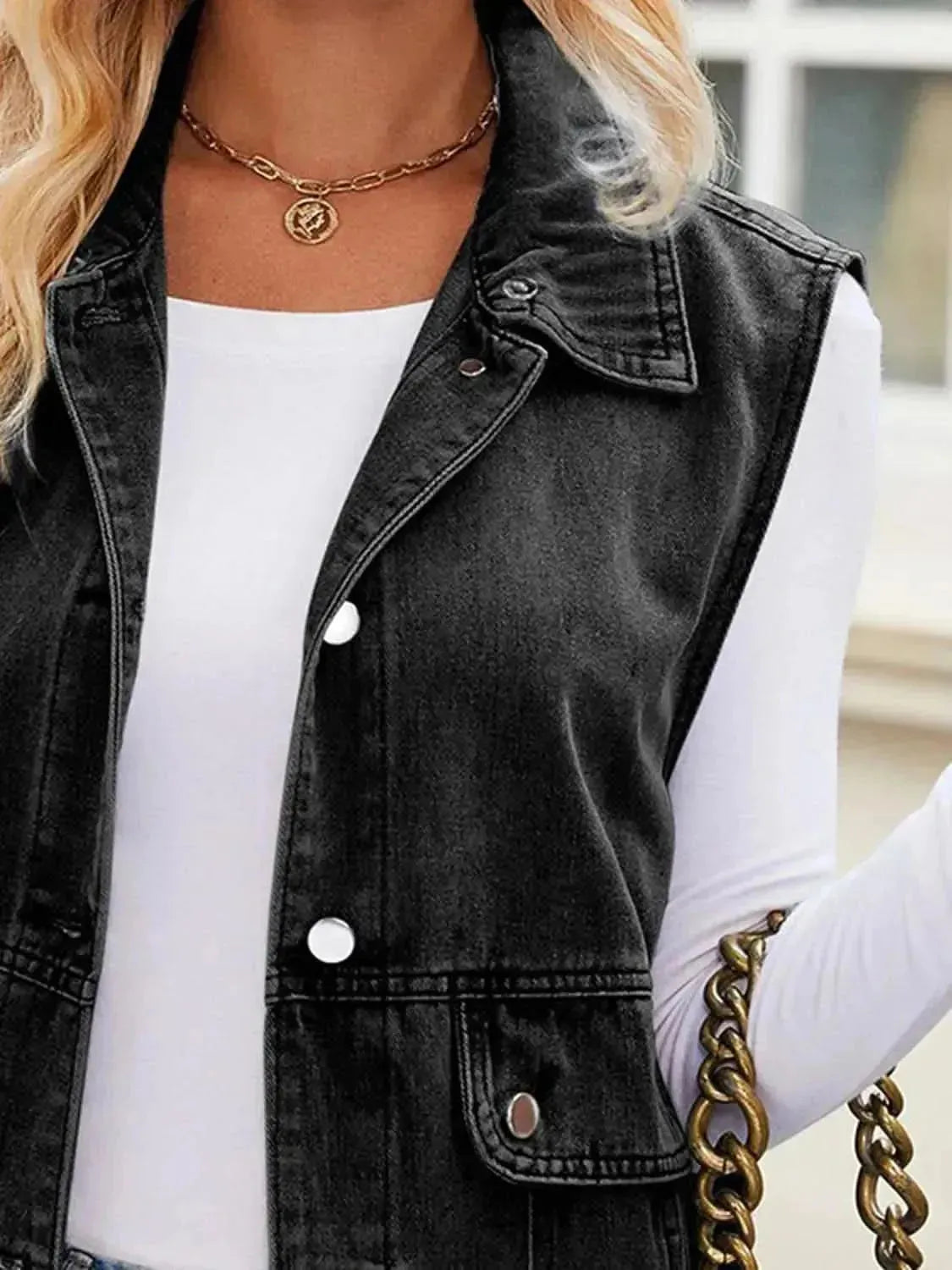 Button Up Collared Neck Denim Jacket with Pockets - Bad Moms Club
