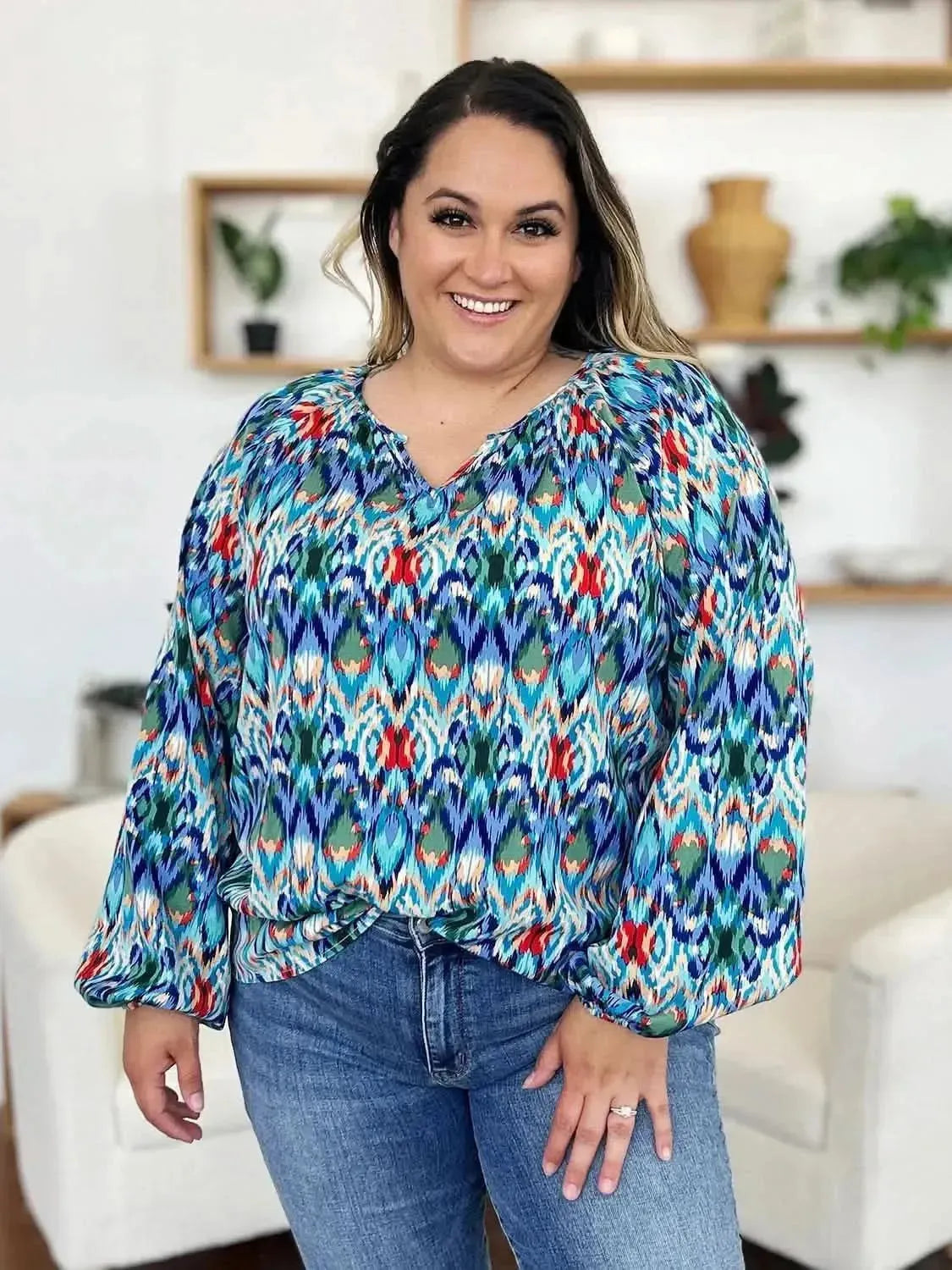 Double Take Full Size Printed Balloon Sleeve Blouse - Bad Moms Club