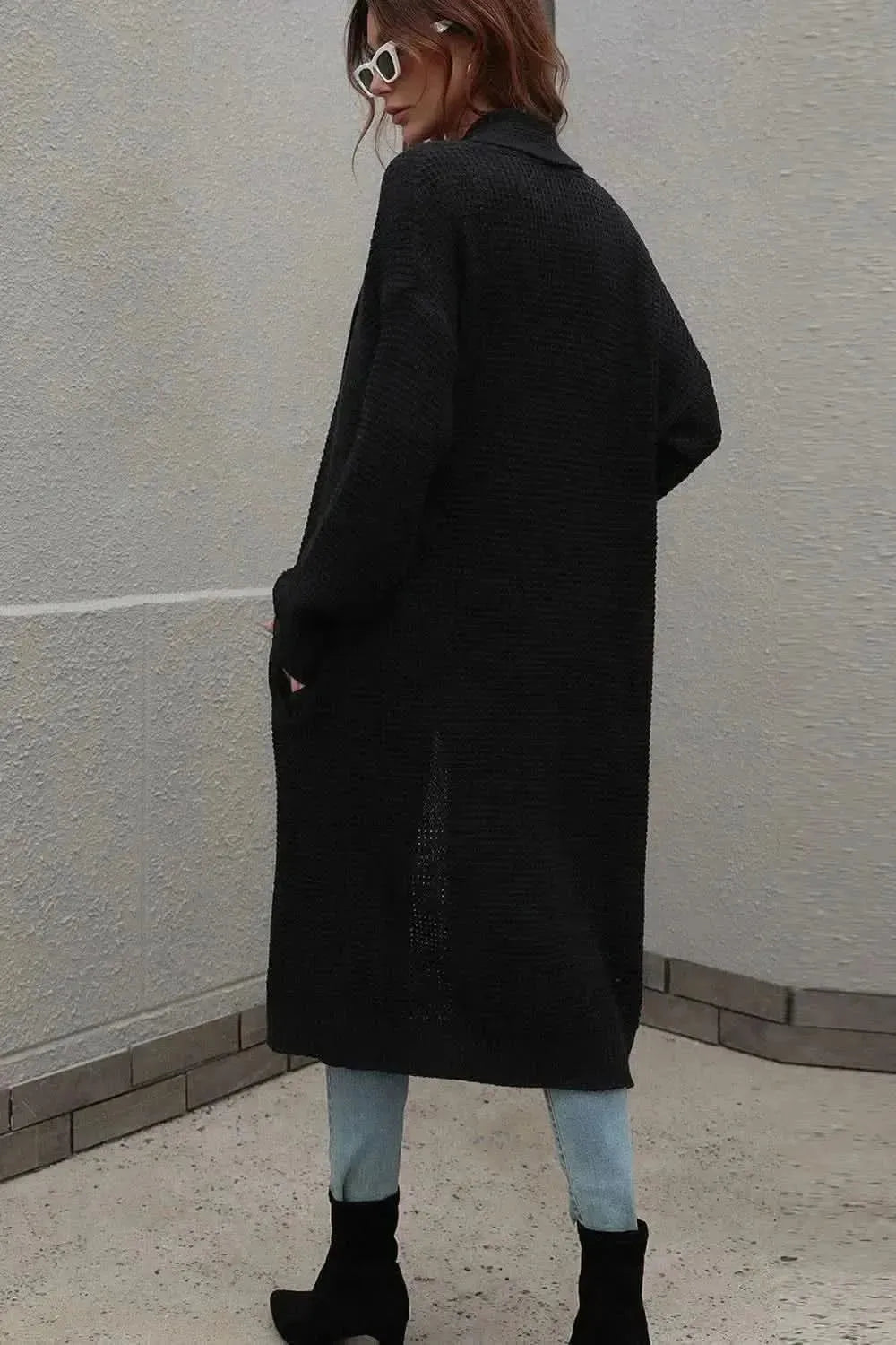 Waffle Knit Open Front Duster Cardigan With Pockets - Bad Moms Club