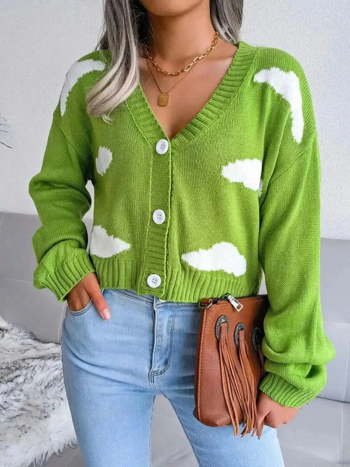 Cloud Print Button Down Ribbed Trim Cardigan - Bad Moms Club