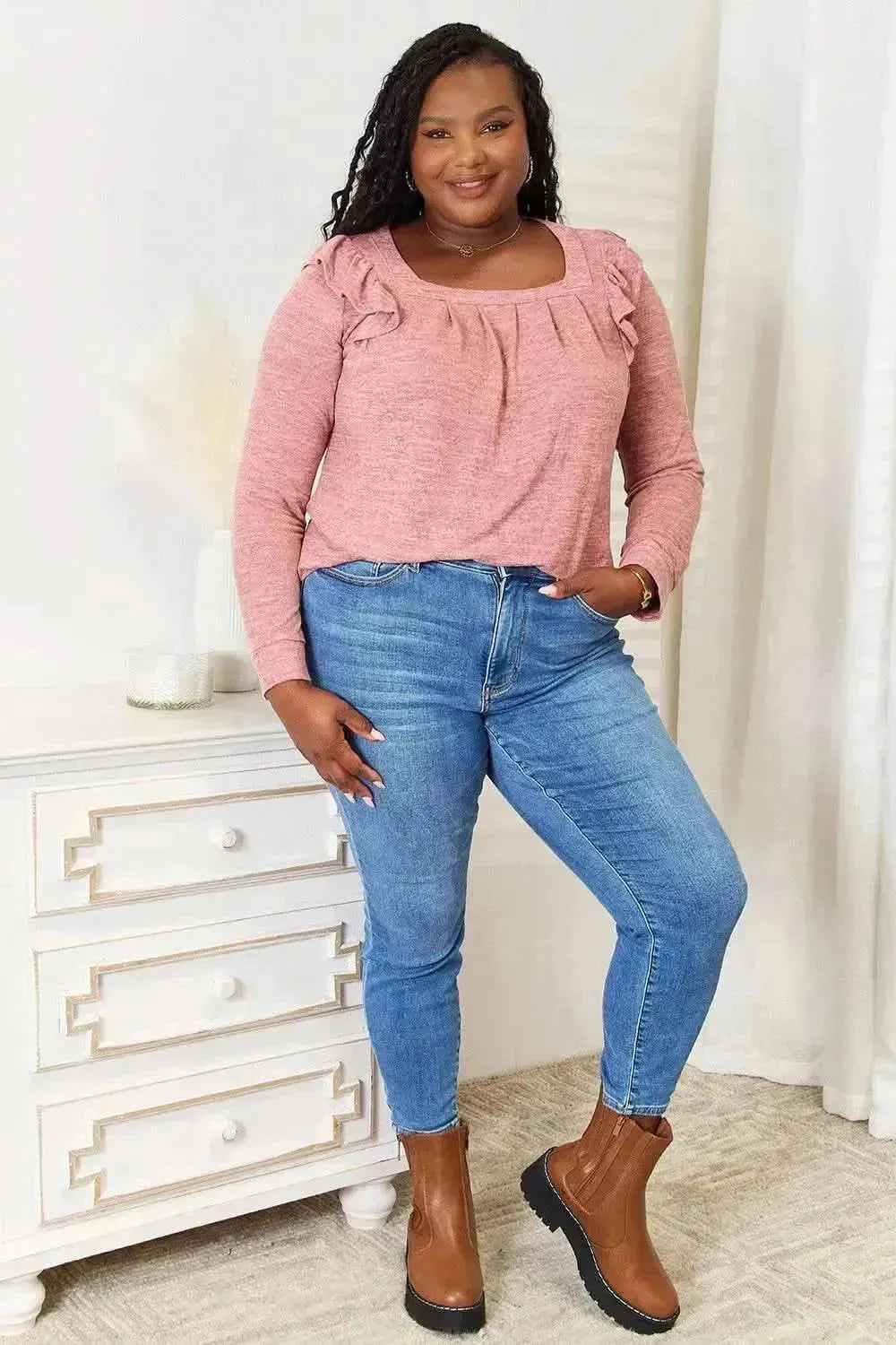 Double Take Square Neck Ruffle Shoulder Long Sleeve T-Shirt - Bad Moms Club