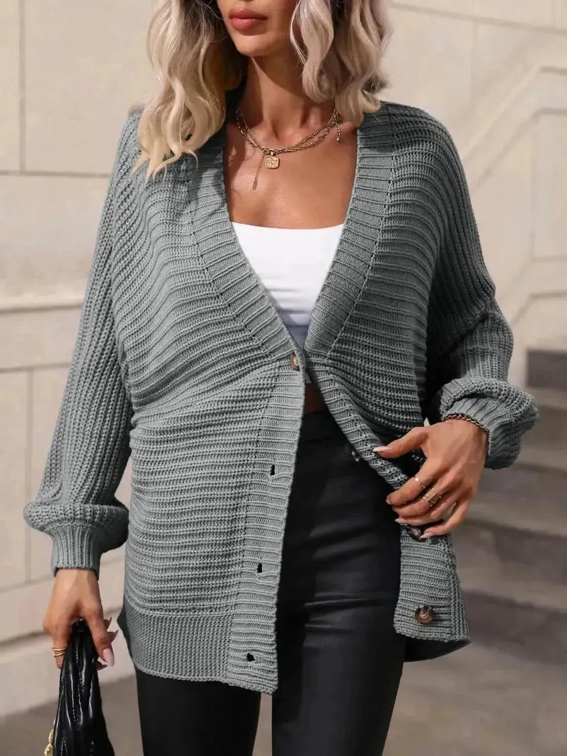 Button Down Horizontal-Ribbing Longline Cardigan - Bad Moms Club