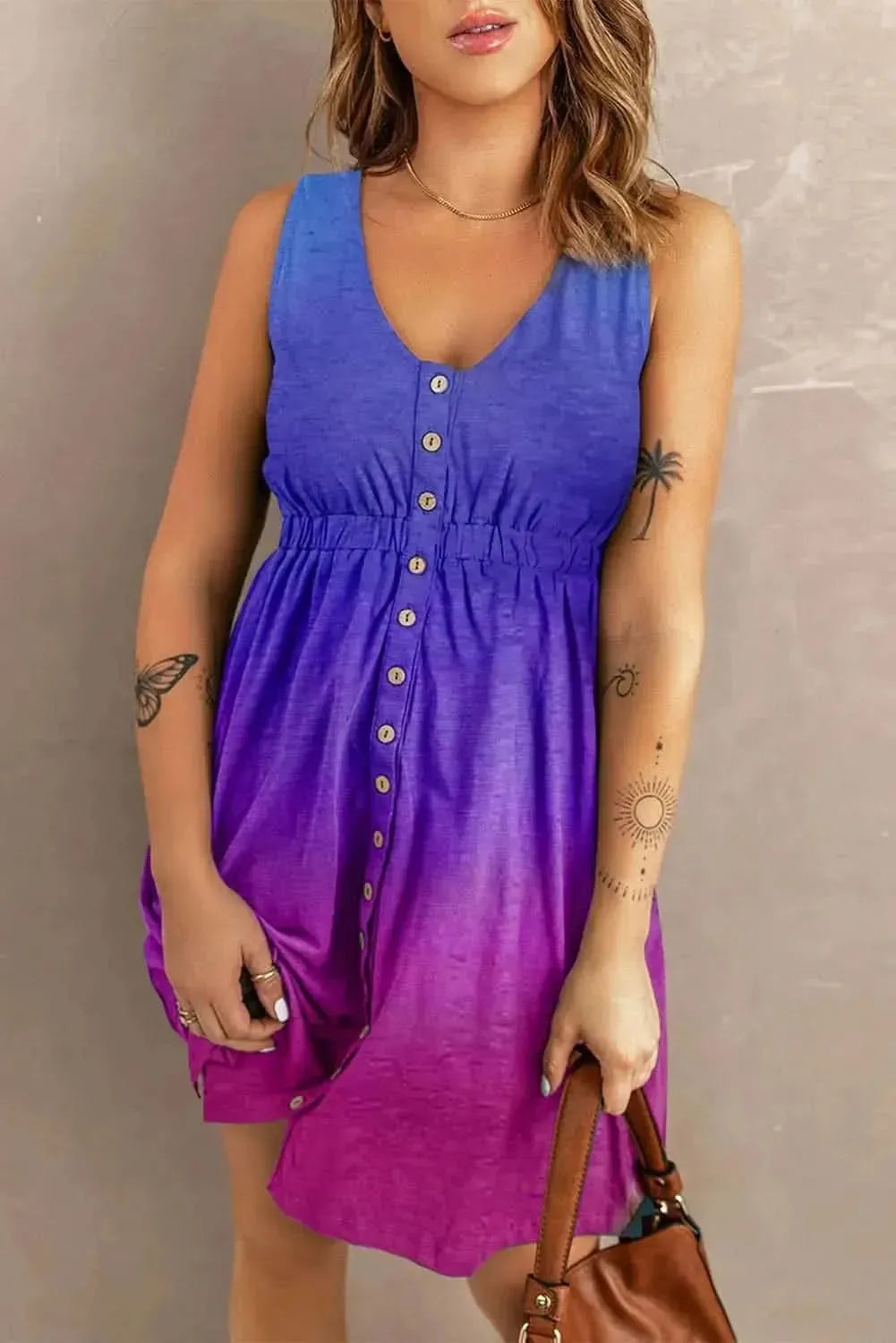 Buttoned Round Neck Sleeveless Mini Magic Dress - Bad Moms Club