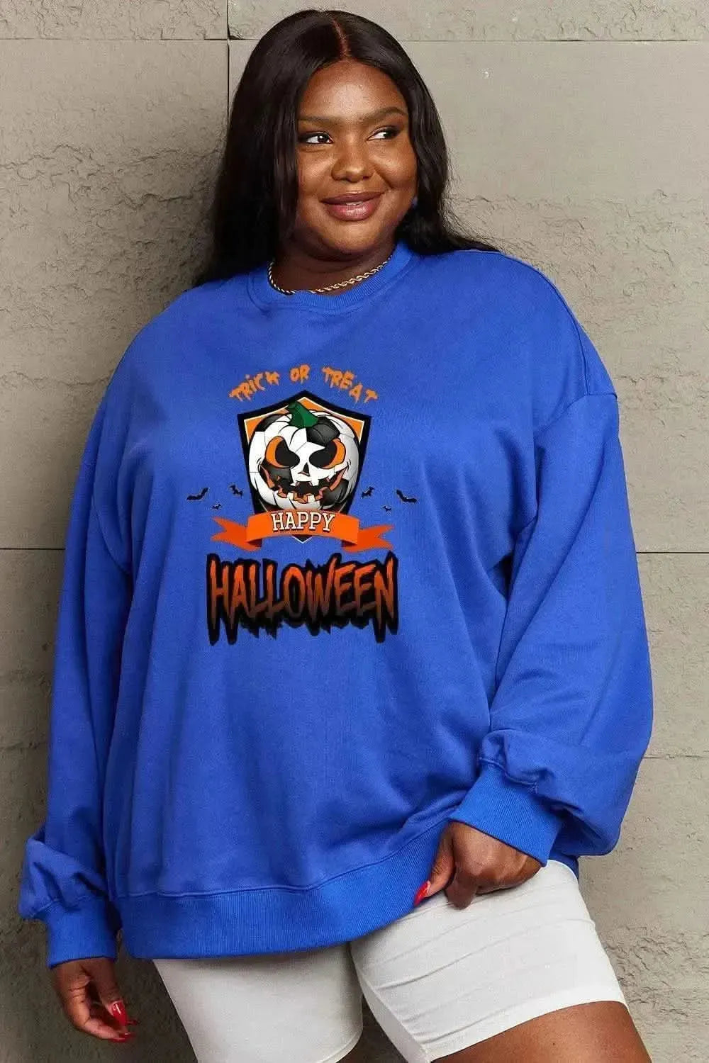 Simply Love Full Size TRICK OR TREAT HAPPY HALLOWEEN Graphic Sweatshirt - Bad Moms Club