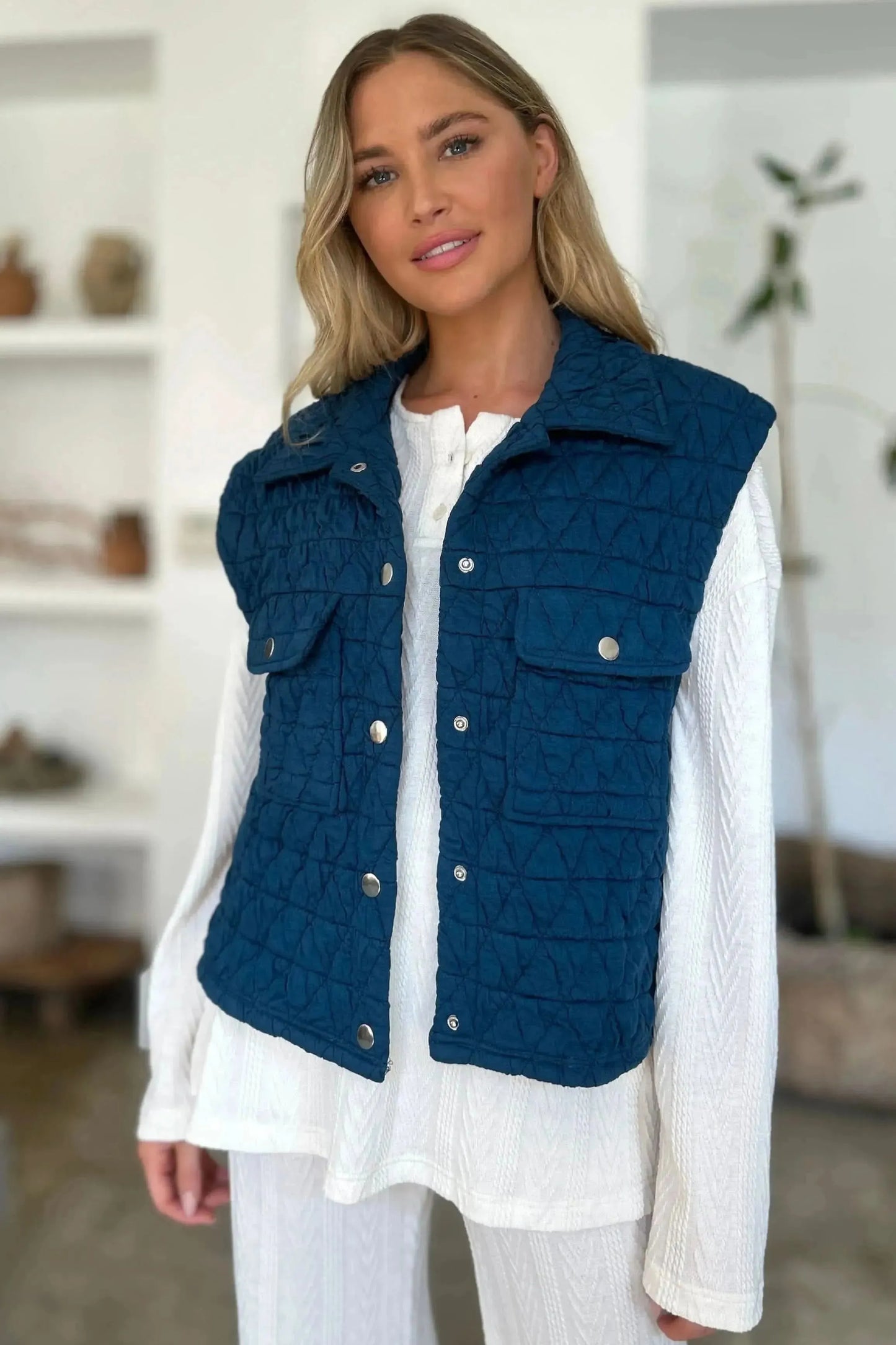 Double Take Full Size Pocketed Texture Snap Down Vest Coat - Bad Moms Club